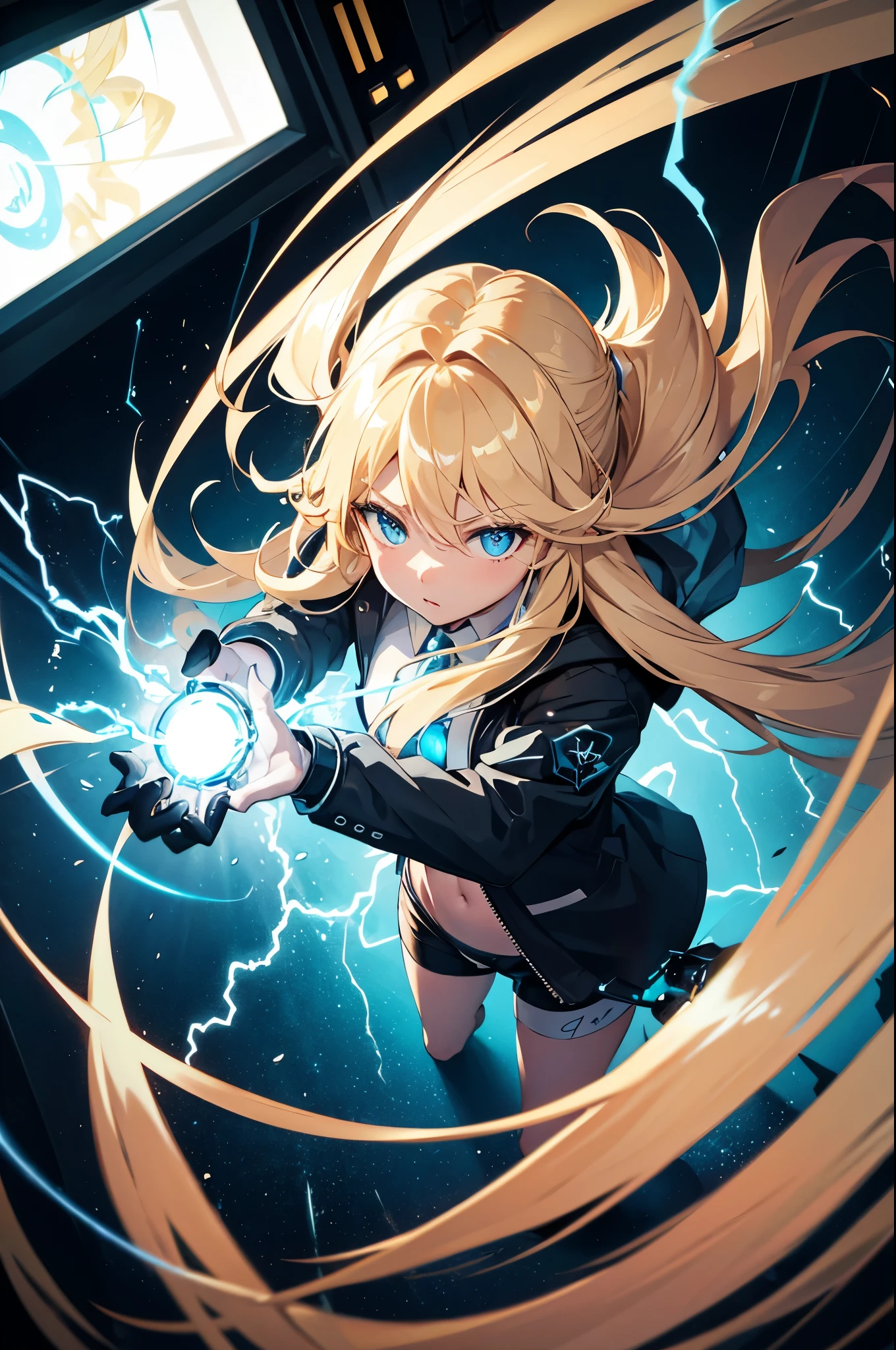 blonde, long flowing hair, cinematic, light blue eyes, glowing effect, electricity, 1 girl, beautiful girl, shorts, small black jacket, show navel, epic, masterpiece, futuristic, flowing lightning energy around body, Lightning Glow effect, very detailed, action pose, from above view depth of field.