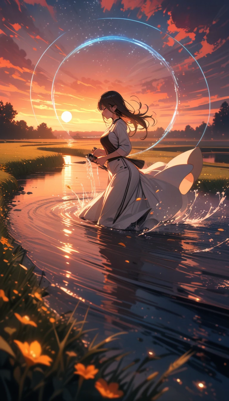 ((best quality)) , ((masterpiece)) , (detailed),1 female,beautiful and delicate water, the finest grass, very delicate light, nature, painting, water spray, breeze, flowers and grass meadow, near the water edge, (sunset, starry sky in a circle), randomly distributed clouds, river, splashing water, falling petal,kitchen,Female chef,High heel,((whole body))
