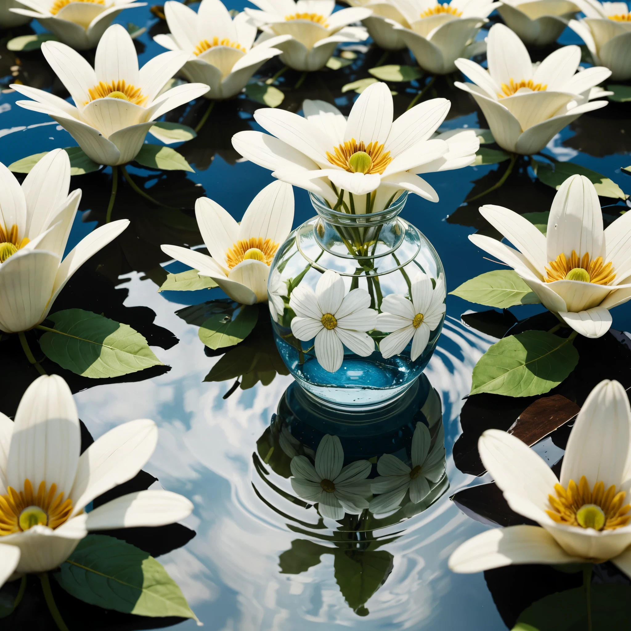 (white flower:1.4) inside kintsugi lacquer vase, on water, (water reflection:1.2), super details, sharp focus, natural lighting, depth of field, vibrant,