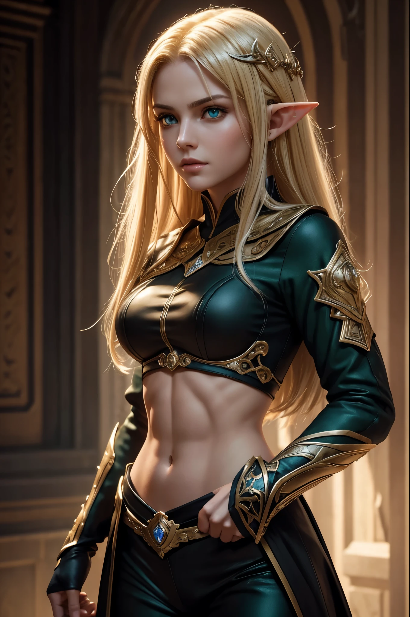 8k,An elf woman who serves as the vice-commander of the Brave Knights..,so beautiful(Like the real thing),Green Eyes,Elf Ears,Blonde Straight Hair,Muscular and slim body,Strongly defined abdominal muscles,Luxurious black exterior,Luxury Black Combat Pants,sneer,Long, narrow eyes,masterpiece,Photorealistic RAW photos of the highest quality。Bright colors,Rich colors, Backlight, Cinema Lighting, Film Grain, to be born, 50mm lens, Nikon D850,Realistic Skin,Fantasy art,Character Art,Ultra-high resolution,Realistic scale skins,Perfect hand shape,View your viewers,Beautiful expression,1 comb&#39;hair,Very small breasts,Gorgeous black very small chest armor,Luxurious black shoulder pad,Luxurious black gauntlets,Luxurious black armour,Luxurious black leg armor,View your viewers,Thin breastplate,Top view,close,Sharp Eyes,Dynamic fighting pose,Very small breasts,German,Muscular Beauty,Hard and strong abs,Makeup,