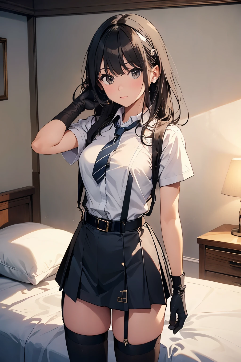 1 female, , high quality, masterpiece, Ultra-high resolution, , Cinema Lighting, , , And the suspenders with the cranes flying Moderate breasts Large Breasts Small face holster Lying in bed Looking up Sweat belt summer 脇Sweat Black Hole Gloves suit garterbelt Leg Links ズボンにbelt holster Hands behind your back Anxious expression Looking up Anxious face Knee-high Knee socks Knee-highソックス garterbelt garter ふとももにgarterbelt Checkered mini skirt Necktie Headband ribbon