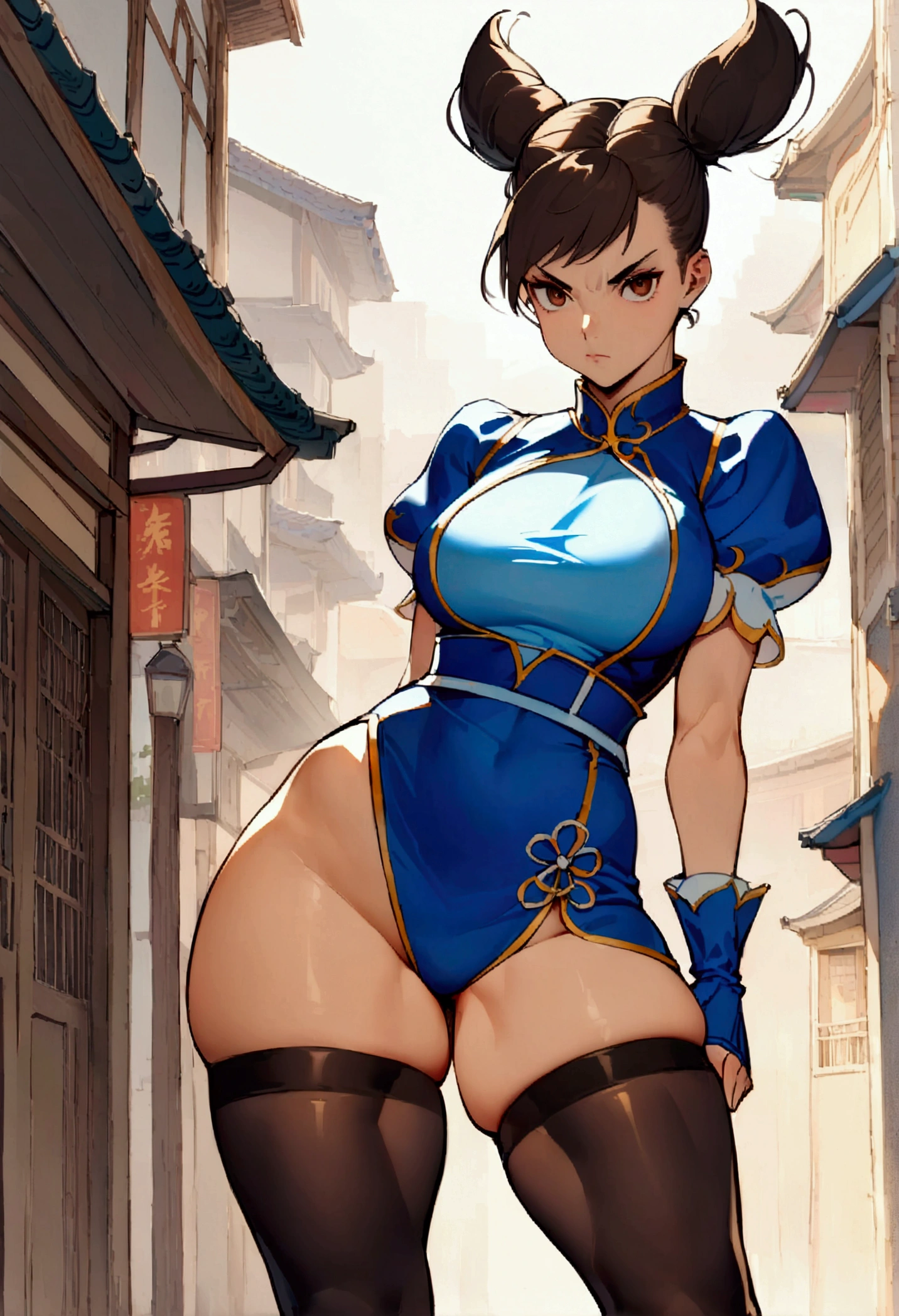 Chun-Li,beautiful young woman in classic blue uniform, thick-thighs, beautiful sexy thighs, hair stuck, blackstockings,Chinese city in the afternoon, standing alone.standing alone, blue outfit, blue skirt, serious look, beautifuleyes, beautiful face well detailed, detailed eyes and eyebrows.brown dark eyes