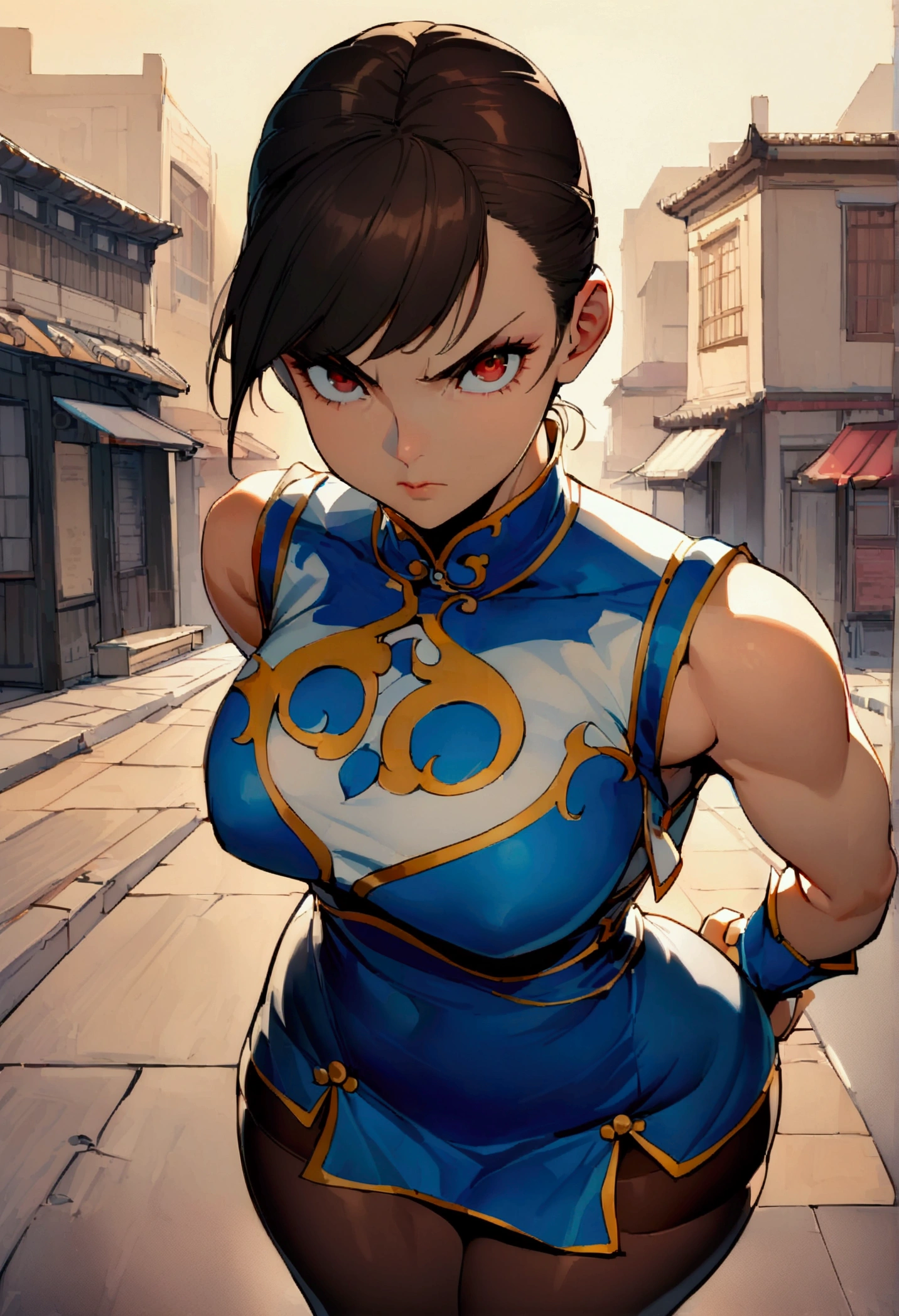 Chun-Li,beautiful young woman in classic blue uniform, thick-thighs, beautiful sexy thighs, hair stuck, blackstockings,Chinese city in the afternoon, standing alone.standing alone, blue outfit, blue skirt, serious look, beautifuleyes, beautiful face well detailed, detailed eyes and eyebrows.brown dark eyes
