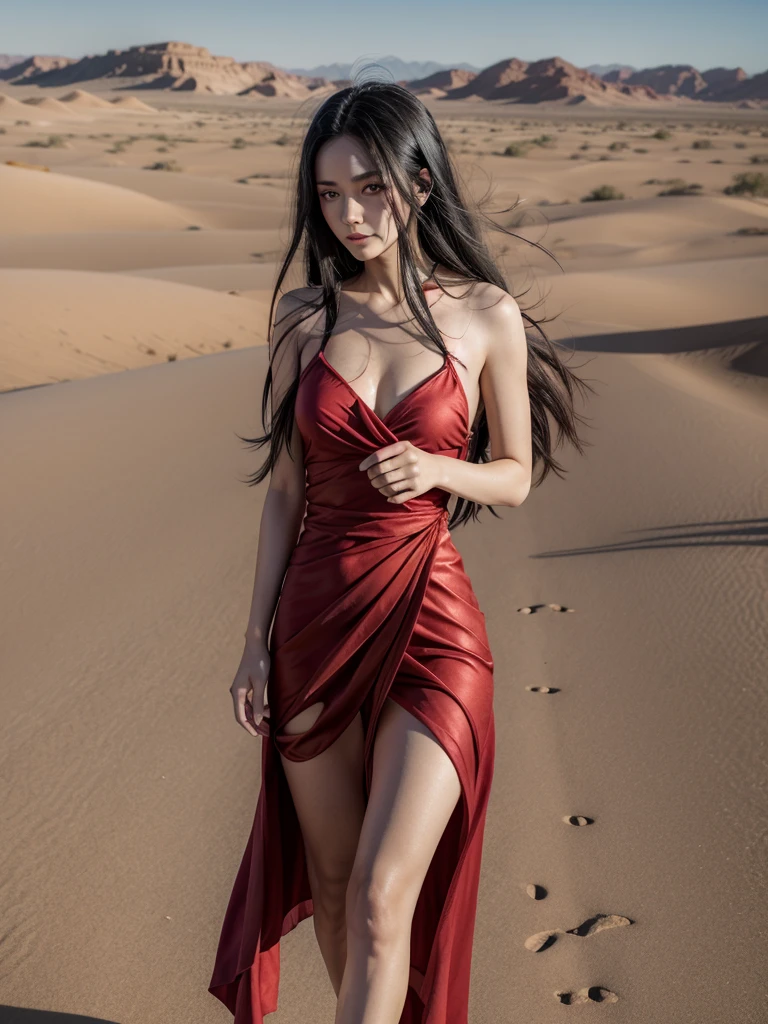 red skin, yellow eyes, long black hair, wearing red dress with thin cloth carried by the wind, walking on the desert