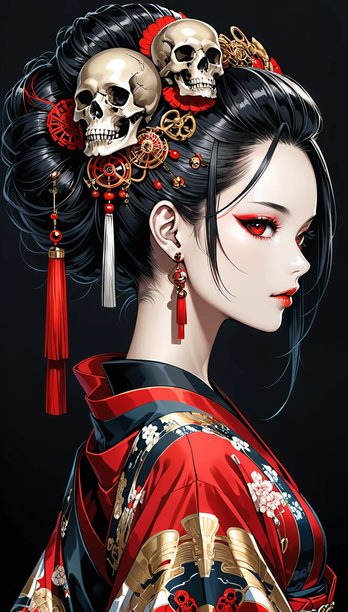 in style of Gary Grayson,in style of Aleksi Briclot,
1girl,japanese kimono,looking at viewer,black coiled hair,skull hair decoration,death gothic,red eyes,(head_tilt:1.4),(insanely detailed and intricate, hypermaximalist, elegant, ornate, hyper realistic, super detailed),(bangs_pinned_back:1.5)，(bangs_pinned_back:1.5)