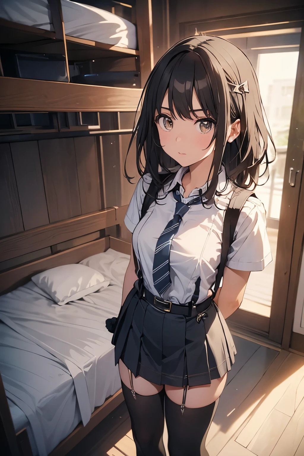 1 female, , high quality, masterpiece, Ultra-high resolution, , Cinema Lighting, , , And the suspenders with the cranes flying Moderate breasts Large Breasts Small face holster Lying in bed Looking up Sweat belt summer 脇Sweat Black Hole Gloves suit garterbelt Leg Links ズボンにbelt holster Hands behind your back Anxious expression Looking up Anxious face Knee-high Knee socks Knee-highソックス garterbelt garter ふとももにgarterbelt Checkered mini skirt Necktie Headband ribbon
