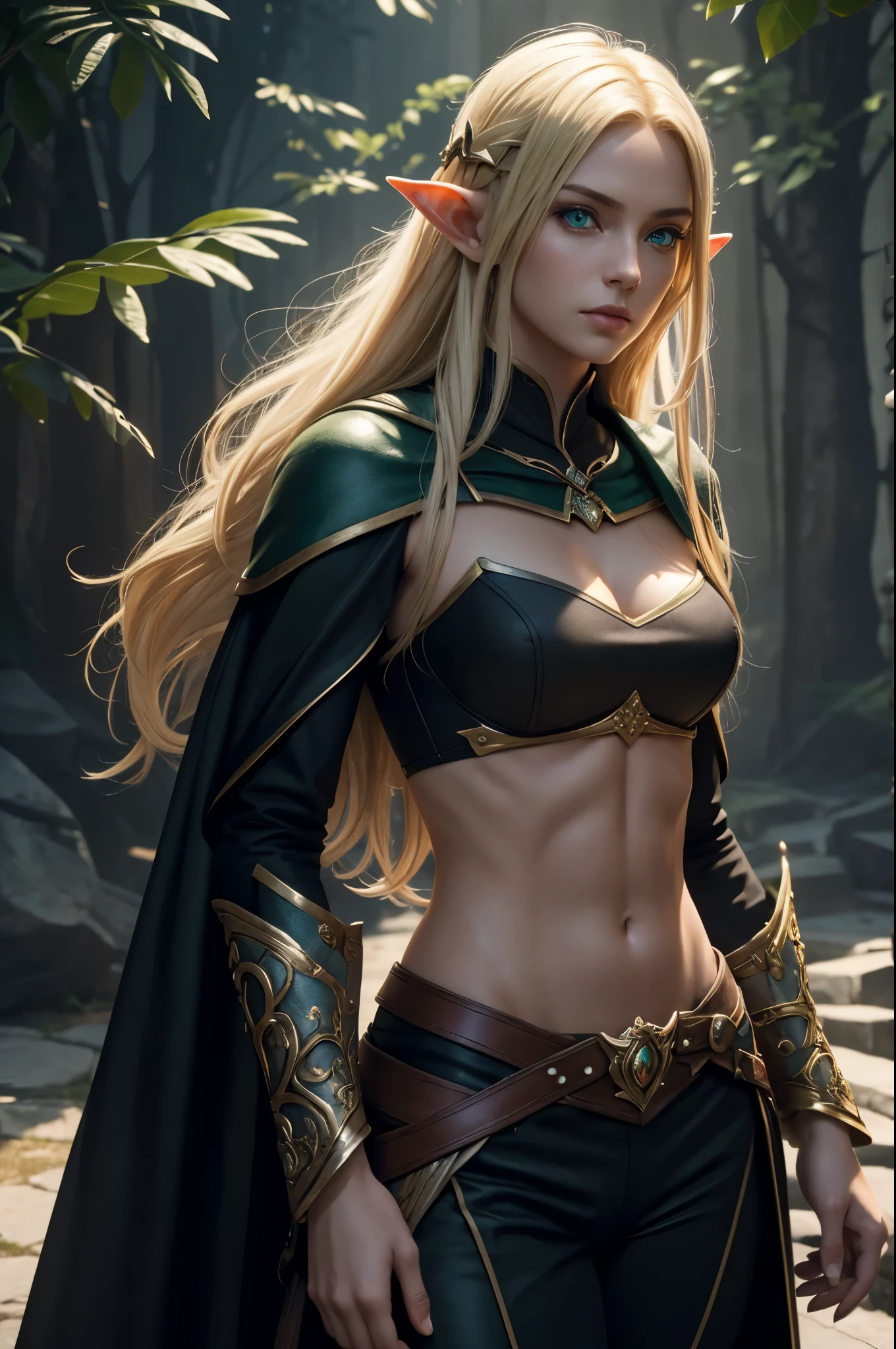 8k,An elf woman who serves as the vice-commander of the Brave Knights..,so beautiful(Like the real thing),Green Eyes,Elf Ears,Blonde Straight Hair,Muscular and slim body,Strongly defined abdominal muscles,Luxurious black exterior,Luxury Black Combat Pants,sneer,Long, narrow eyes,masterpiece,Photorealistic RAW photos of the highest quality。Bright colors,Rich colors, Backlight, Cinema Lighting, Film Grain, to be born, 50mm lens, Nikon D850,Realistic Skin,Fantasy art,Character Art,Ultra-high resolution,Realistic scale skins,Perfect hand shape,View your viewers,Beautiful expression,1 comb'hair,Very small breasts,Gorgeous black very small chest armor,Luxurious black shoulder pad,Luxurious black gauntlets,Luxurious black armour,Luxurious black leg armor,View your viewers,Thin breastplate,Top view,close,Sharp Eyes,Dynamic fighting pose,Very small breasts,German,Muscular Beauty,Hard and strong abs,Makeup,