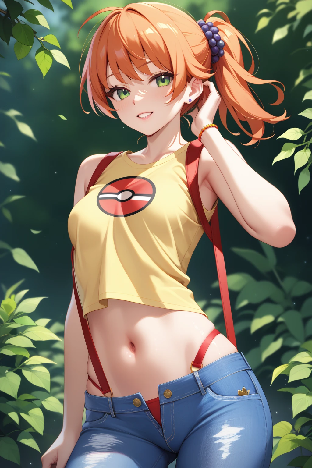 masterpiece,High resolution,8k,Detailed anatomy (Foggy_Pokemon)(One 18-year-old girl) (Berry Short,Orange Hair,One-sided up hair,Big green eyes,Small breasts,skinny) (Yellow Sleeveless T-Shirt,Navel exposed,Denim hot pants,Red suspenders)