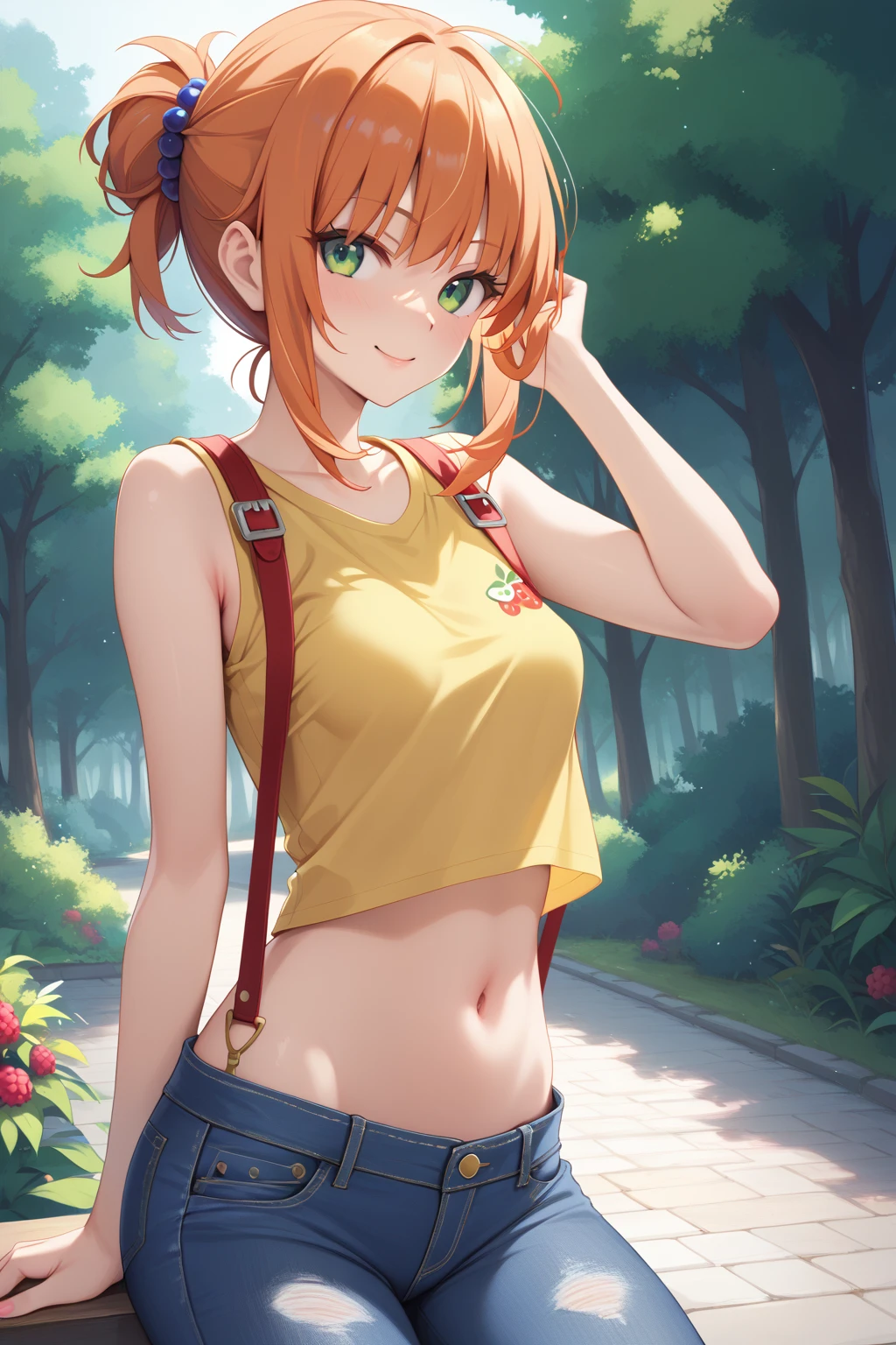 masterpiece,High resolution,8k,Detailed anatomy (Foggy_Pokemon)(One 18-year-old girl) (Berry Short,Orange Hair,One-sided up hair,Big green eyes,Small breasts,skinny) (Yellow Sleeveless T-Shirt,Navel exposed,Denim hot pants,Red suspenders)