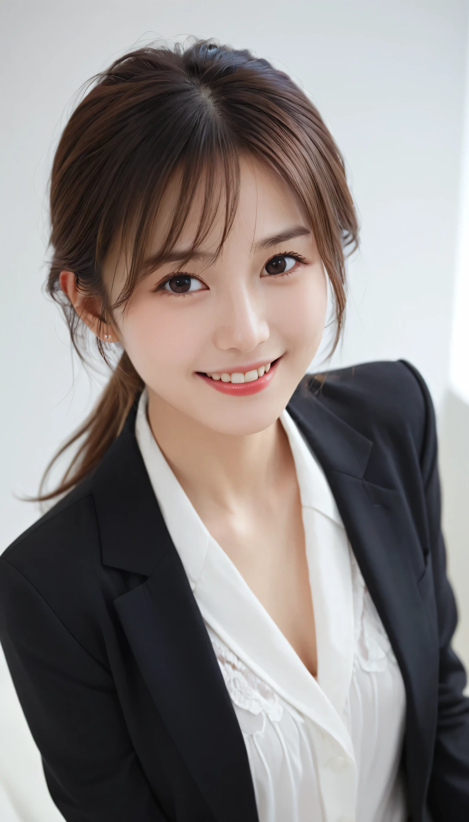 One Girl, (Wear trendy fashion:1.2), (RAW Photos, Highest quality), (Realistic, Realistic:1.4), Tabletop, Very delicate and beautiful, Very detailed, 2k wallpaper, wonderful, In detail, Very detailed CG Unity 8k wallpaper, Very detailedな, High resolution, Soft Light, Beautiful detailed girl, Looking into the camera、Very detailedな目と顔, Beautiful and sophisticated nose, Beautiful details, Medium Hair, small, Black suit and white shirt、White Background、Background is white、Cinema Lighting, Perfect Anatomy, Slender body, smile, 