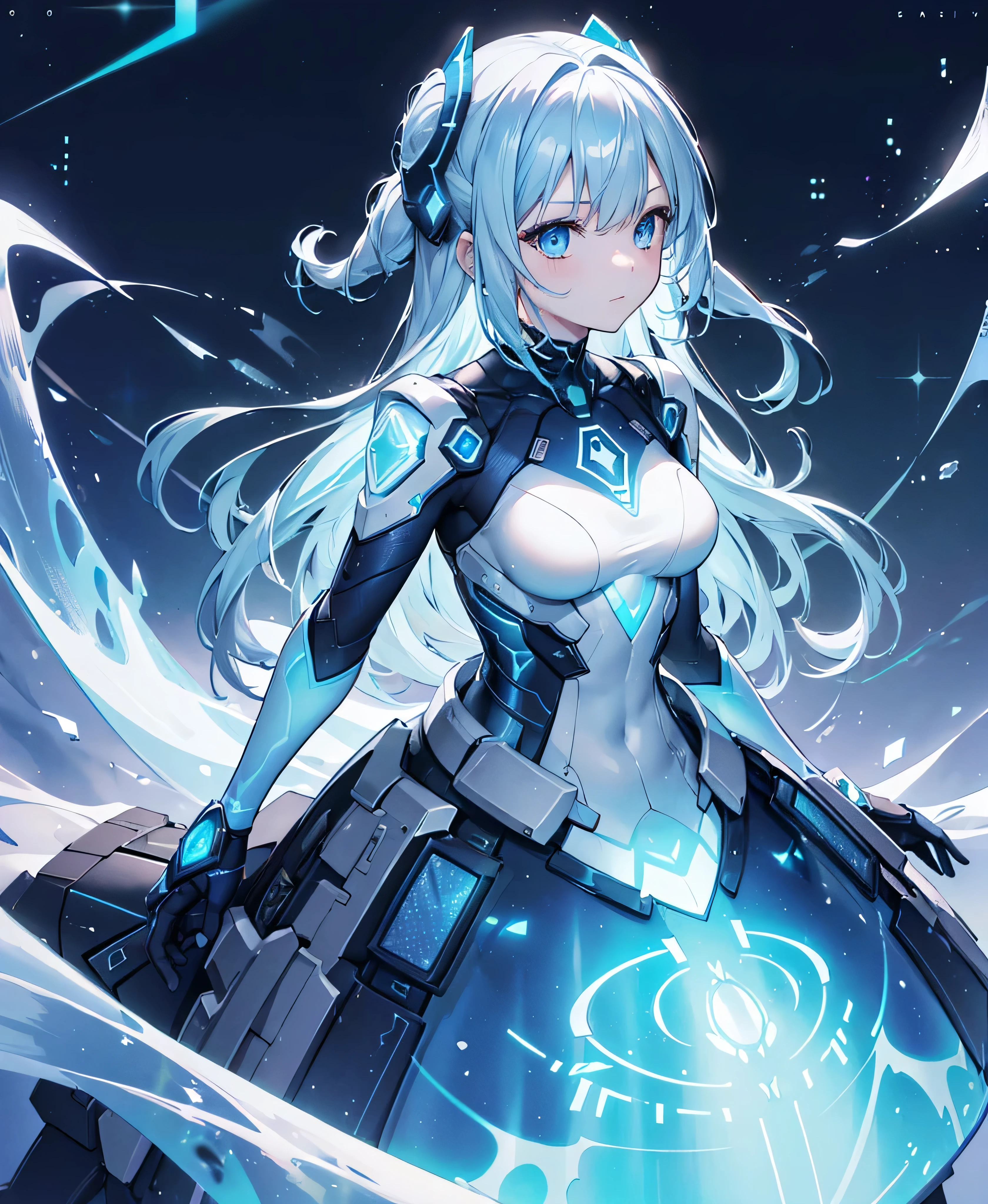 ((Holographic glow effect)),8k, Highest quality, (real:1.4), Original photo, 1 girl, Asari Hair, Biological Amplifier, refined armor, posture: Peace talks between warring factions, smart blue eyes,whole body,Vortex of Light,Band of Light,Wind of Light
