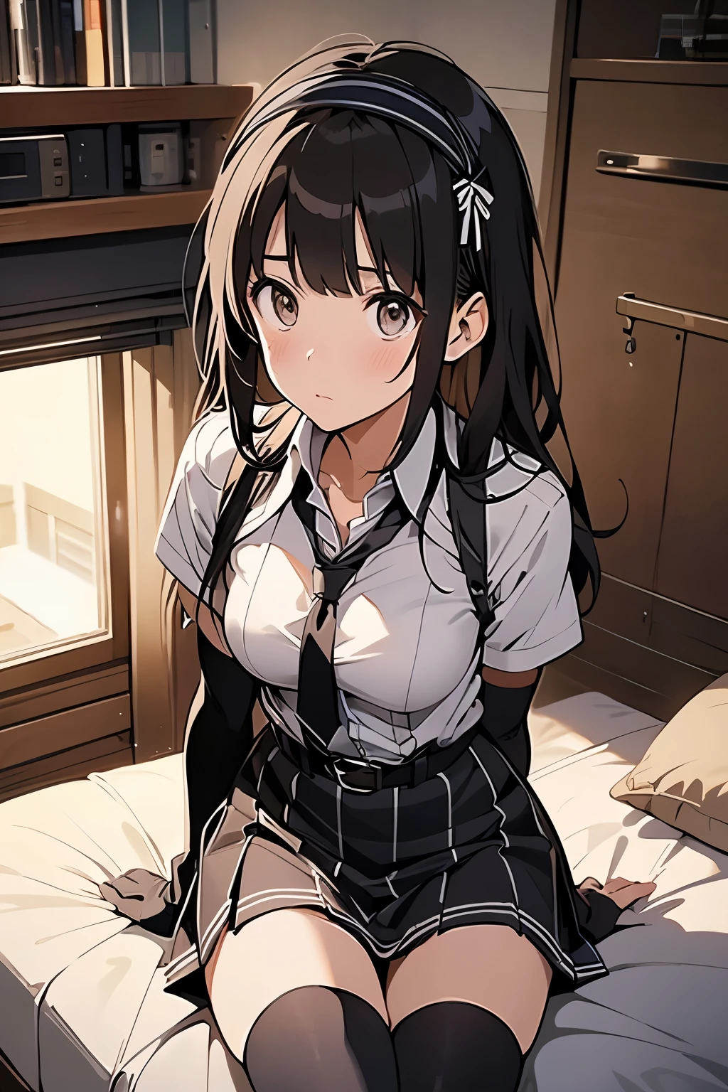 1 female, , high quality, masterpiece, Ultra-high resolution, , Cinema Lighting, , , And the suspenders with the cranes flying　　　Moderate breasts　 　 　　　　Large Breasts　 　 　　　　Small face　 　　　holster　　　　　　　 Lying in bed　Looking up　　　　Sweat 　　　belt　summer　脇Sweat 　Black Hole Gloves　suit　　　　 　garterbelt　Leg Links　ズボンにbelt　　holster　 　　Hands behind your back　 Anxious expression　Looking up　Anxious face　Knee-high　Knee socks　Knee-highソックス garterbelt　garter　ふとももにgarterbelt　Checkered mini skirt　Necktie Headband　ribbon