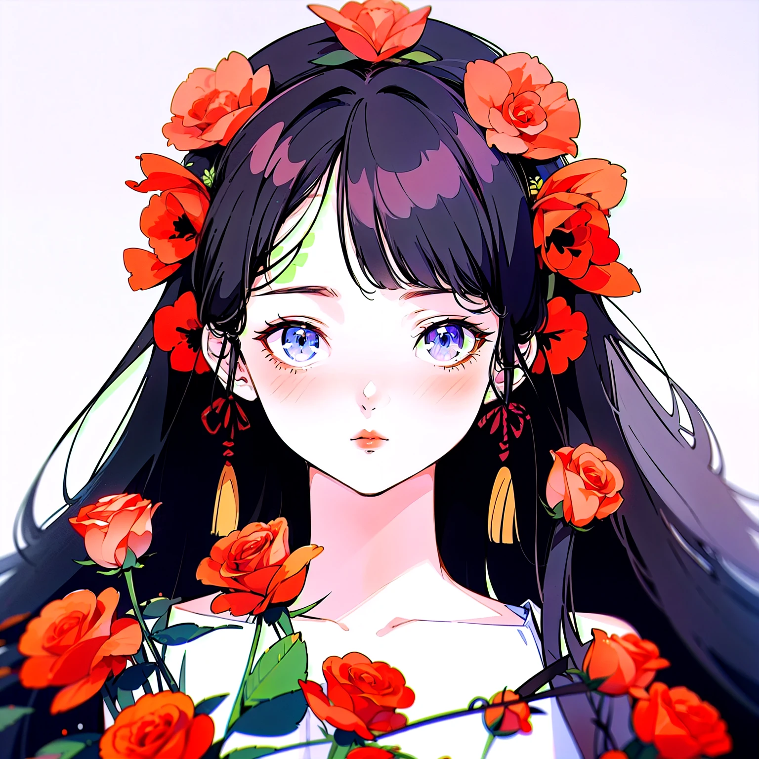 Anime girl with long black hair and a white dress with red roses, Gwaiz, Gwaiz on pixiv artstation, Detailed digital anime art, Beautiful Anime Girls, Gwaiz on artstation pixiv, Anime Style 4k, everyone, Beautiful anime portraits, Detailed portrait of an anime girl, Beautiful Anime Woman, Detailed anime art