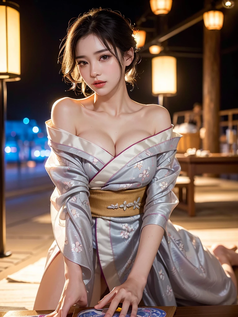Mix 4, (8k, Live Shooting, Highest quality, masterpiece: 1.2), (Real, Photorealistic: 1.37), 一人のgirl, cute, night, rain, Wetty, Professional Lighting, Photon Mapping, Radio City, Physically Based Rendering, Gradient black hair, Gray Hair, Short Curly Hair, good looking, girl, Highest quality写真, High resolution, 1080P, (Clear Face), (Detailed face description), (Detailed hand description), (masterpiece), (Exquisite CG)、Extreme light and shadow、Disheveled Hair、Masterwork、Rich details、(Fine facial features)、(Highest qualityの写真)、(Masterpiece)、(Detailed eyes)、Look in front of you、Detailed clavicle、((Mid-breasted))、Nipple erection、Sexy、Lady、Clear、Smooth Hair、Clothes are not shiny、yukata、firework、kimono、桃色のkimono、花柄のkimono、Summer festival、stall、Begging expression、