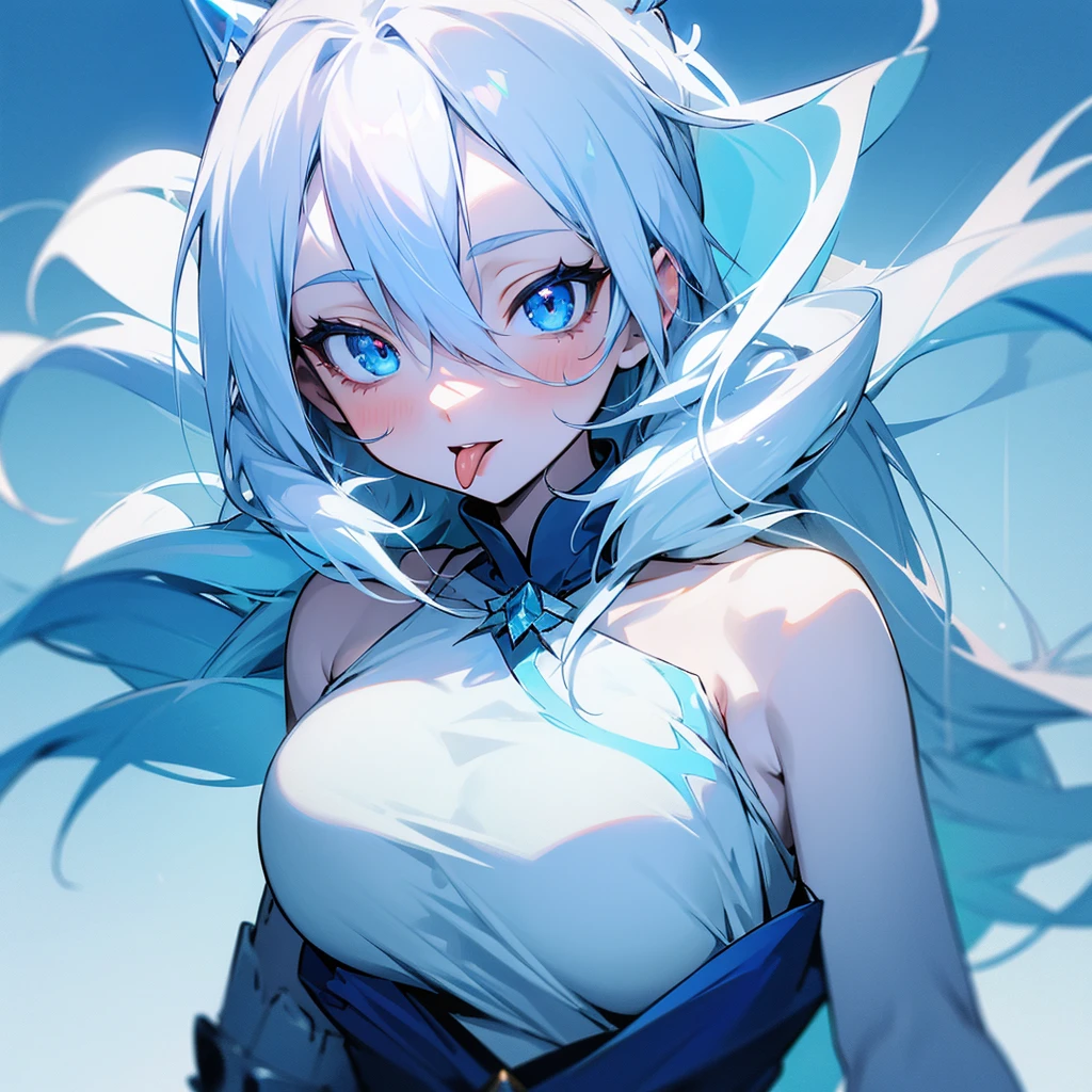1girl, Blue eyes, Simple background, Hair Between Eyes, Long Hair, Tongue Out, White Hair, Large breasts, Simple background, Anime Style, Blue Skin, Blue Dress, Ice Queen