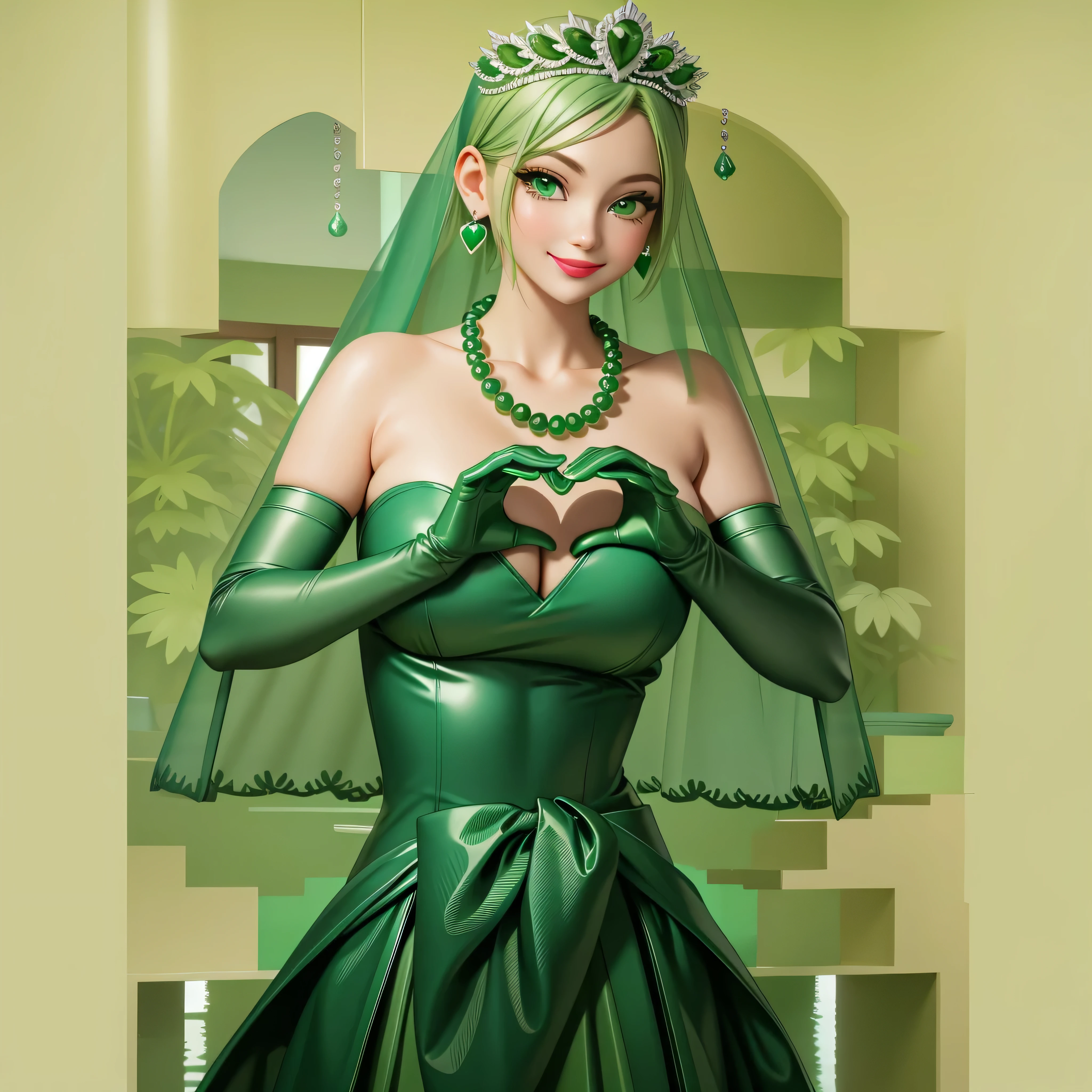 Emerald tiara, Green Pearl Necklace, Boyish very short green hair, Green Lips, Smiling Japanese woman, Very short hair, Busty beautiful lady, Green Eyes, Green satin long gloves, Green Eyes, Emerald Earrings, Green veil, Heart with both hands, Green Hair, Beautiful Japanese Woman, Heart shaped hands:1.3, green lip gloss