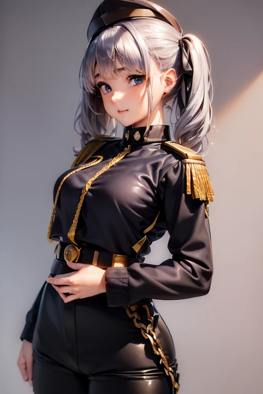 #基本 
A girl is posing for a photo, ((One Girl)), (((Baby Face:1.2)) + ((cute:1.3))), 
#A girl is posing for a photo, ((One Girl)), (((Baby Face)) + ((cute)) + ************), 
break 

#Clothing Accessories 
((Black Officer Uniform:1.4) : CzechMlok+ ((Rank badge on chest)) + ((Epaulettes)) + ((Decorate mood)) + (Tight fitting through the waist) + (White belt with shiny gold metal buckle) + ((Gold border)) + ((Black long straight pants:1.4)) + (Army Caps)), (loafers), 
Gold hoop earrings, 
break 

#Features 
((Silver Hair:1.4)), (Shoulder-length horizontal hair:1.4), (Twin tails : Short Hair + Curly hair + Fuller Hair + Hair curled outside + Red string ribbon),  
((Droopy eyes), blue eyes, (Big eyes:1.2)), (Very small breasts), 
break 

#background environment 
(noon, (A garrison in the sunlight, Military port, I can see the aircraft carrier)), 
#Facial Expression Pose 
((smile), (Full of confidence々It is said that, (fold your arms)), 
#composition 
(To the camera, (Focus from the front), (Cowboy Shot)),  
break 

#Body parts elements 
(Slim figure), 
(Detailed Hair, Beautiful Hair, Shiny Hair), 
(double eyelid, Long eyelashes), 
(Expression of fine eyes, Beautiful and delicate eyes, Sparkling eyes, Eye Reflexes, Glitter Eyeliner), 
(Human Ear), 
(Beautiful Nose, Thin Nose), 
(Glossy Lips, Beautiful Lips, Thick lips, Glossy Lips, Natural Cheeks), 
(Detailed face, Symmetrical facial features), 
(Detailed skin, Textured skin, Beautiful Skin, Glowing Skin), 
break 

#Quality Image Quality Common 
(((Highest quality)), ((masterpiece)), ((Very detailed))), ((Ultra-high resolution)), ((16K, 1080P)), ((FHD)), 
(Anatomically correct), (Realistic), (3DCG), 

#Quality image illustration 
((comics, anime)), CG illustration, 
