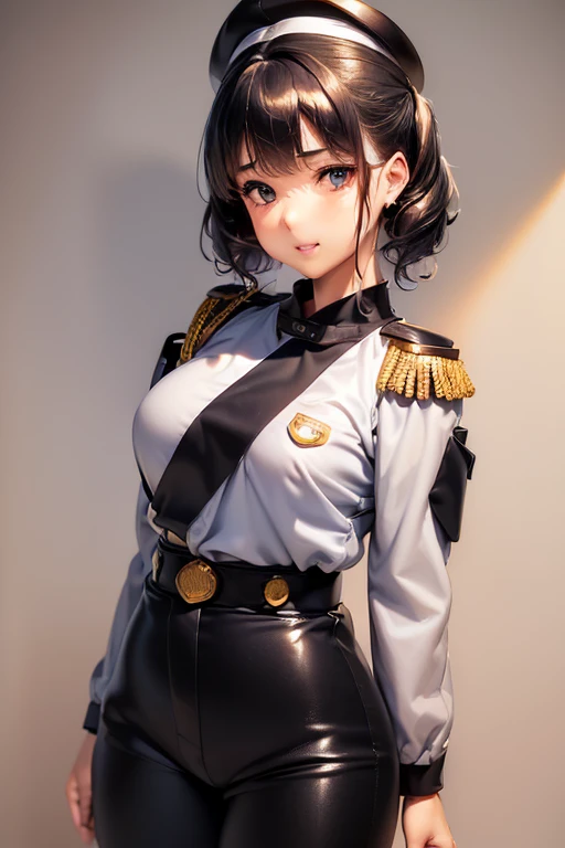 #基本 
A girl is posing for a photo, ((One Girl)), (((Baby Face:1.2)) + ((cute:1.3))), 
#A girl is posing for a photo, ((One Girl)), (((Baby Face)) + ((cute)) + ************), 
break 

#Clothing Accessories 
((Black Officer Uniform:1.4) : CzechMlok+ ((Rank badge on chest)) + ((Epaulettes)) + ((Decorate mood)) + (Tight fitting through the waist) + (White belt with shiny gold metal buckle) + ((Gold border)) + ((Black long straight pants:1.4)) + (Army Caps)), (loafers), 
Gold hoop earrings, 
break 

#Features 
((Silver Hair:1.4)), (Shoulder-length horizontal hair:1.4), (Twin tails : Short Hair + Curly hair + Fuller Hair + Hair curled outside + Red string ribbon),  
((Droopy eyes), blue eyes, (Big eyes:1.2)), (Very small breasts), 
break 

#background environment 
(noon, (A garrison in the sunlight, Military port, I can see the aircraft carrier)), 
#Facial Expression Pose 
((smile), (Full of confidence々It is said that, (fold your arms)), 
#composition 
(To the camera, (Focus from the front), (Cowboy Shot)),  
break 

#Body parts elements 
(Slim figure), 
(Detailed Hair, Beautiful Hair, Shiny Hair), 
(double eyelid, Long eyelashes), 
(Expression of fine eyes, Beautiful and delicate eyes, Sparkling eyes, Eye Reflexes, Glitter Eyeliner), 
(Human Ear), 
(Beautiful Nose, Thin Nose), 
(Glossy Lips, Beautiful Lips, Thick lips, Glossy Lips, Natural Cheeks), 
(Detailed face, Symmetrical facial features), 
(Detailed skin, Textured skin, Beautiful Skin, Glowing Skin), 
break 

#Quality Image Quality Common 
(((Highest quality)), ((masterpiece)), ((Very detailed))), ((Ultra-high resolution)), ((16K, 1080P)), ((FHD)), 
(Anatomically correct), (Realistic), (3DCG), 

#Quality image illustration 
((comics, anime)), CG illustration, 
