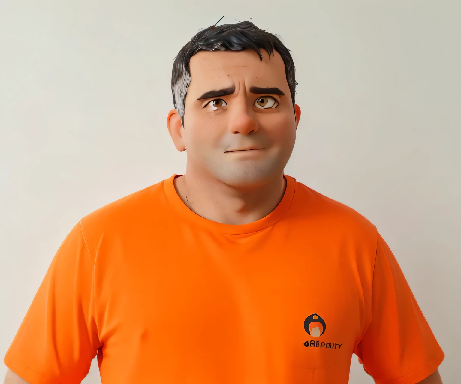 naughty man, Bblack hair, eyes black, looking directly at the camera, orange shirt.