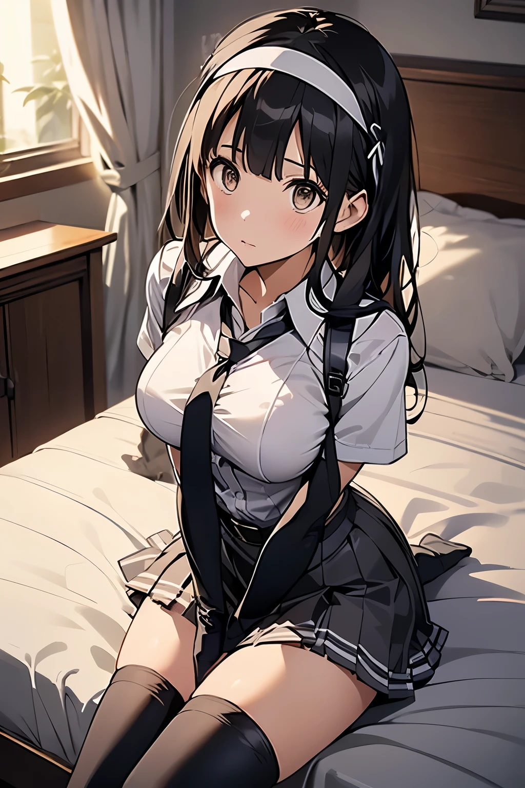 1 female, , high quality, masterpiece, Ultra-high resolution, , Cinema Lighting, , , And the suspenders with the cranes flying Moderate breasts Large Breasts Small face holster Lying in bed Looking up Sweat belt summer 脇Sweat Black Hole Gloves suit garterbelt Leg Links ズボンにbelt holster Hands behind your back Anxious expression Looking up Anxious face Knee-high Knee socks Knee-highソックス garterbelt garter ふとももにgarterbelt Checkered mini skirt Necktie Headband ribbon