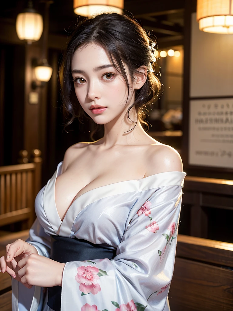 Mix 4, (8k, Live Shooting, Highest quality, masterpiece: 1.2), (Real, Photorealistic: 1.37), 一人のgirl, cute, night, rain, Wetty, Professional Lighting, Photon Mapping, Radio City, Physically Based Rendering, Gradient black hair, Gray Hair, Short Curly Hair, good looking, girl, Highest quality写真, High resolution, 1080P, (Clear Face), (Detailed face description), (Detailed hand description), (masterpiece), (Exquisite CG)、Extreme light and shadow、Disheveled Hair、Masterwork、Rich details、(Fine facial features)、(Highest qualityの写真)、(Masterpiece)、(Detailed eyes)、Look in front of you、Detailed clavicle、((Mid-breasted))、Nipple erection、Sexy、Lady、Clear、Smooth Hair、Clothes are not shiny、yukata、firework、kimono、桃色のkimono、花柄のkimono、Summer festival、stall、Begging expression、Looking up