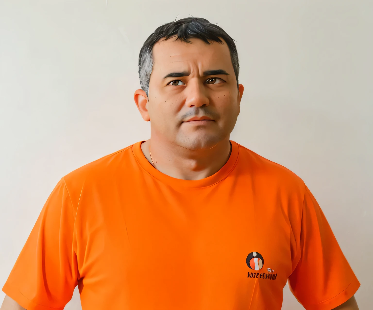 naughty man, Bblack hair, eyes black, looking directly at the camera, orange shirt. 