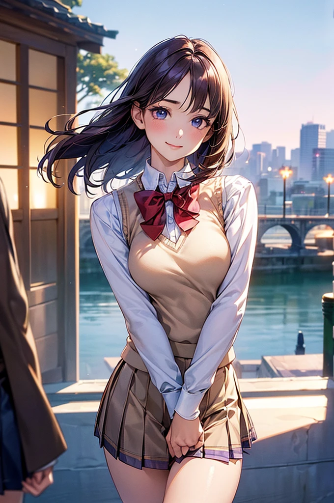 (masterpiece:1.2, Highest quality), (Realistic, photoRealistic:1.4), Beautiful illustrations, (Natural Side Lighting, Cinema Lighting), View your viewers, Cowboy Shot, Front view:0.6, 1 girl, Japanese, high school girl, Perfect Face, Cute and symmetrical face, Glowing Skin, (Mid-length hair:1.5, short hair:1.4, Purple Hair), Parted bangs, Light blue eyes, Long eyelashes, (Large Breasts:0.9, Thick thighs), Beautiful Hair, Beautiful Face, Beautiful attention to detail, Beautiful clavicle, Beautiful body, Beautiful breasts, Beautiful thighs, Beautiful feet, Beautiful fingers, ((Light blue long sleeve collared shirt, Blue checked pleated mini skirt, socks, Brown Loafers, Red bow tie, Beige sleeveless knit vest)), Pink Panties, (Beautiful views), evening, River side, walk, Place your hand on your chest, (Cute smile, Upward glance),
