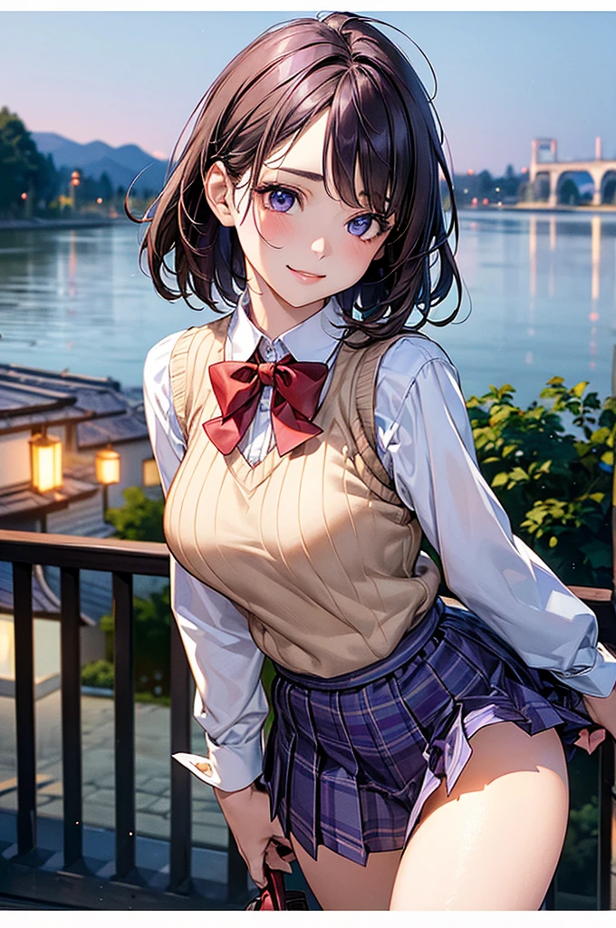 (masterpiece:1.2, Highest quality), (Realistic, photoRealistic:1.4), Beautiful illustrations, (Natural Side Lighting, Cinema Lighting), View your viewers, Cowboy Shot, Front view:0.6, 1 girl, Japanese, high school girl, Perfect Face, Cute and symmetrical face, Glowing Skin, (Mid-length hair:1.5, short hair:1.4, Purple Hair), Parted bangs, Light blue eyes, Long eyelashes, (Large Breasts:0.9, Thick thighs), Beautiful Hair, Beautiful Face, Beautiful attention to detail, Beautiful clavicle, Beautiful body, Beautiful breasts, Beautiful thighs, Beautiful feet, Beautiful fingers, ((Light blue long sleeve collared shirt, Blue checked pleated mini skirt, socks, Brown Loafers, Red bow tie, Beige sleeveless knit vest)), Pink Panties, (Beautiful views), evening, River side, walk, Place your hand on your chest, (Cute smile, Upward glance),
