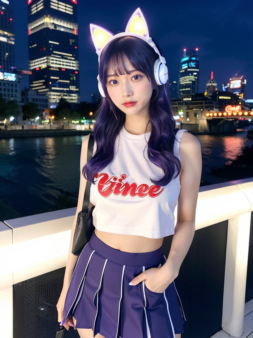 最high quality, masterpiece, 32K、Very detailed、Realistic、1 girl, Japanese women、Cute Face, (photo Actual:1.3),Bob Hair(Blue-violet hair color、Amazing blue and purple hairstyles)、Edge lighting, (Skin with attention to detail:1.2), 8k超High resolution, Single-lens reflex camera, high quality, High resolution, 4K, 8k, Optimal ratio of four fingers to one thumb, (Actual:1.3), cute 1 girl, Realistic、Super Realistic、32K、Very detailed、masterpiece, 最high quality, beautiful girl, beauty、Mecha, Beautiful lighting, (Neon Light:1.2), (night:1.5), K-Pop Idol Costumes、Sleeveless outfit、Shorts、Large Breasts(big 、There is a valley)、Swiss flag t-shirt、Red and white cheerleader skirt、Cat ears microphone headphones(Headphones Gaming Headgear with Mic、Head Fan)、Are standing、Cyber Neon、Future City、Skyscraper、都会のnight、Shanghai、big cities、night景、綺麗なnight景