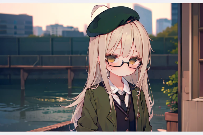 (highest quality，masterpiece:1.3)，((1 cute girl:1.2))，(:1.2),expressive 目s, Perfect Face，Brown eyes，dark green beret,White hair,long ahoge,Round Glasses Black，retro city background,Brown tie,brown skirt,Dark green jacket,Low Perspective，Wet shirt，amount, open amount