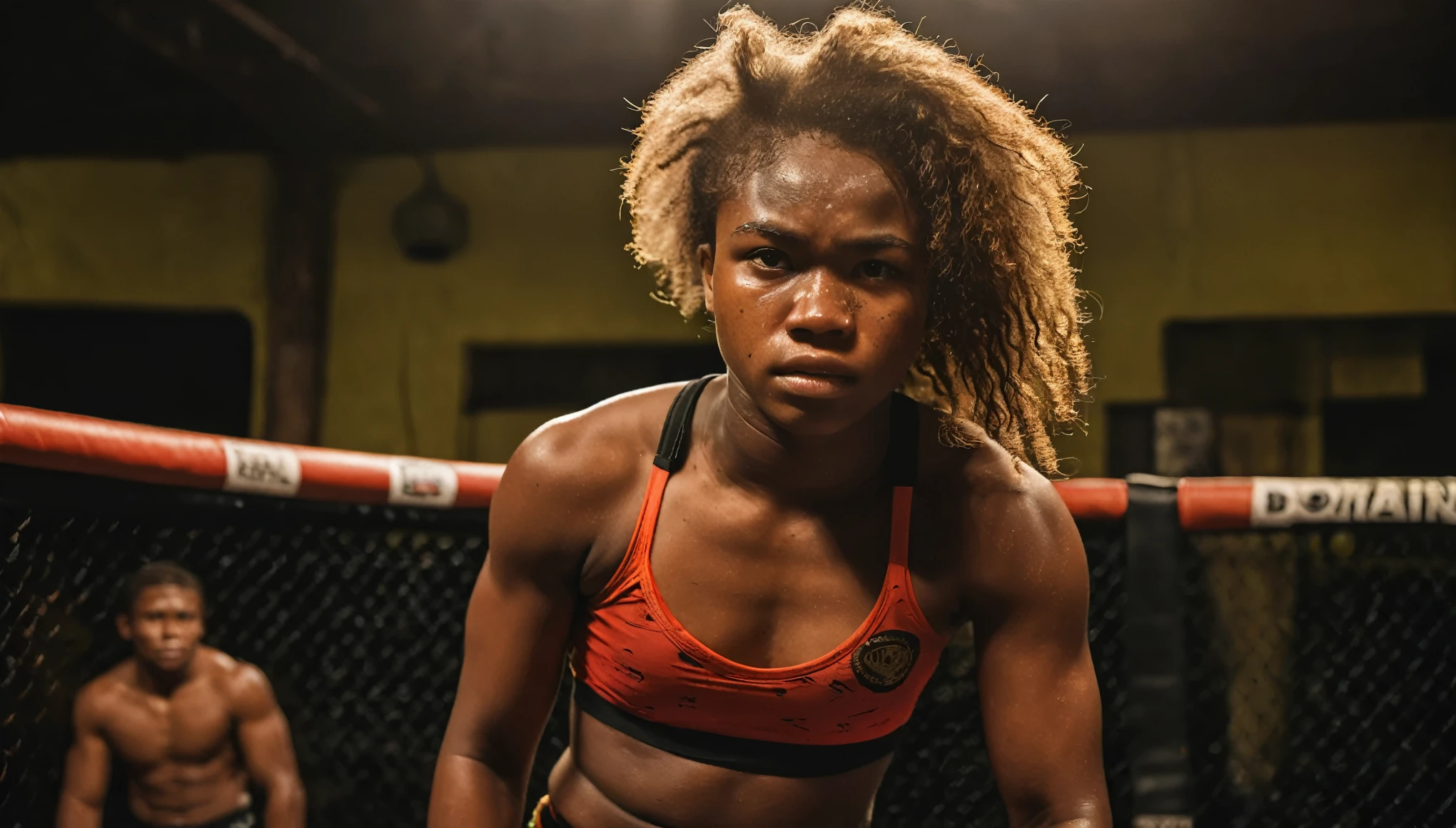 (editorial photography of an 18-year-old Melanesian woman), (top up, cotton panties, MMA fights), (straight, non-curly hair), (high-detailed face:1.4), (muscles:1.2), (Pose de MMA:1.2), (background within the light, Ablaze, academia particular:1.1), (8k, ultra HD, dslr, high qualiy, cinematic lighting, bokeh), (Dramatic, rewarded photography, incredible masterpiece:1.3), (((look sexy and sensual at the camera:0.5))), ((whole body)), ((she is ready to dominate you:1.4)), ((beautiful feminine face))
