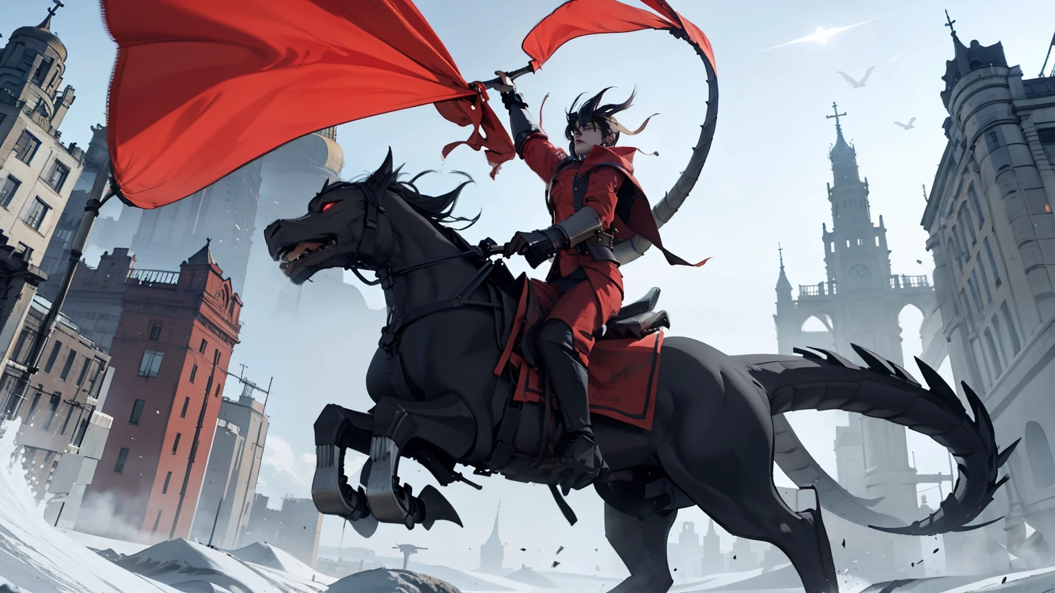 Soviet style scene，Dragon，Red flag flying，Spectacular，Magnificent，style，