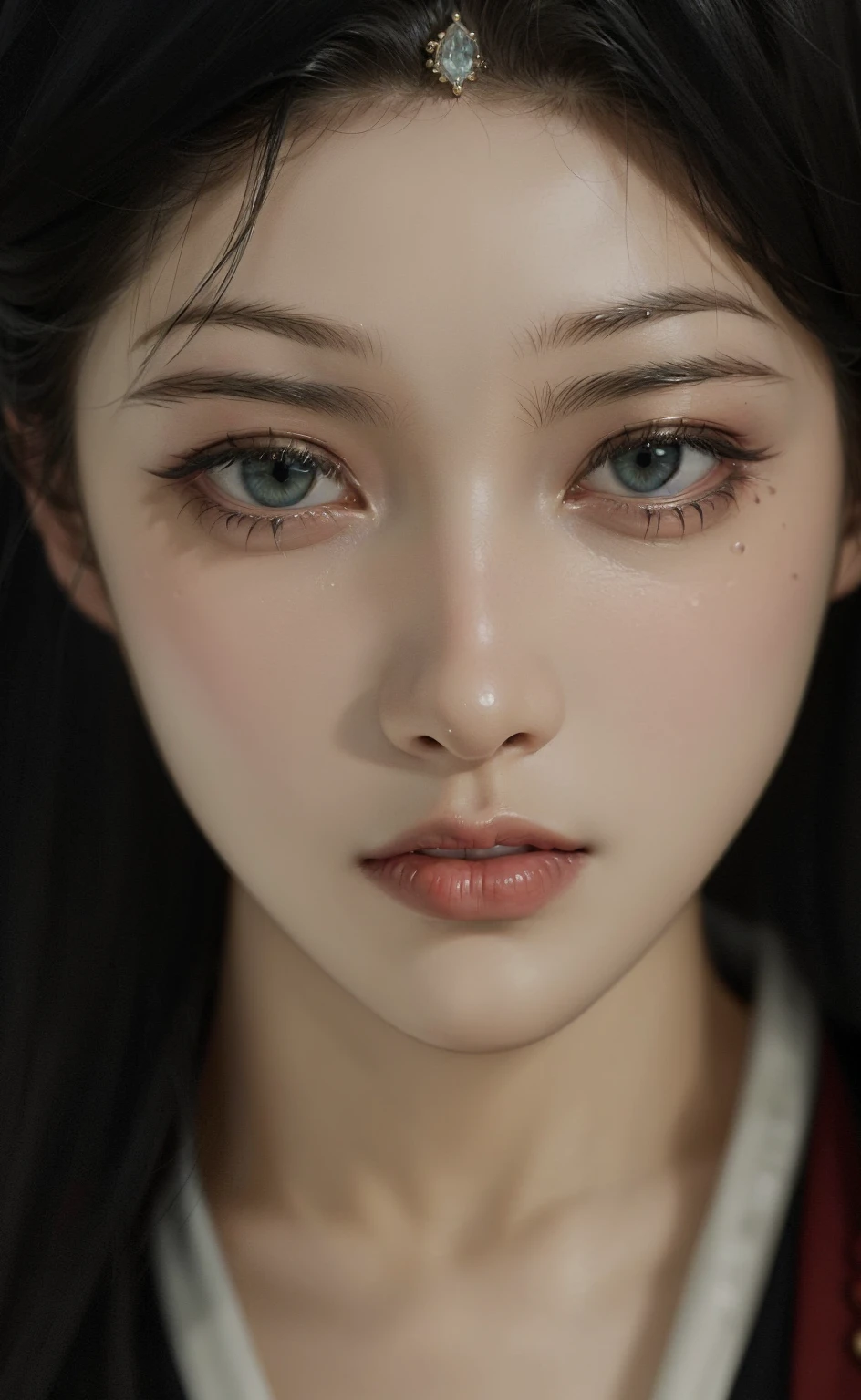 Very detailed, Delicate face, Realistic style, Stock Photography , rich and colorful, Surrealism, Realistic textures, Dramatic Lighting, Distiller 800 (8K, original photo, Better quality, masterpiece: 1.2), Very detailed, (Extremely delicate skin: 1.2), 8K Ultra HD, SLR camera, Soft Light, high quality,Frost Queen, snow castle,Blue pupils,Apply red lipstick,Tattoo Queen,Gorgeous clothing,gem, diamond, Gold Jewelry,Martial Arts Novels,Female Swordsman,three eyed