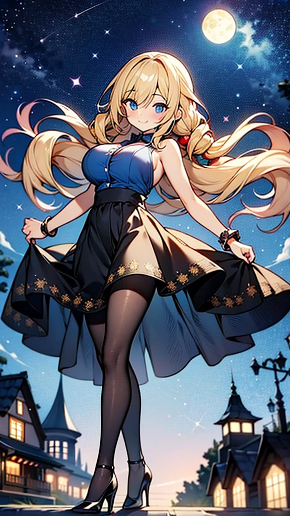 Amazing volume of blonde hair、Long drill hair、Big Breasts、Red evening dresini skirt、Dark black pantyhose、Red High Heels、Holding a fan 、smile, hyper cute girl,starry night sky,