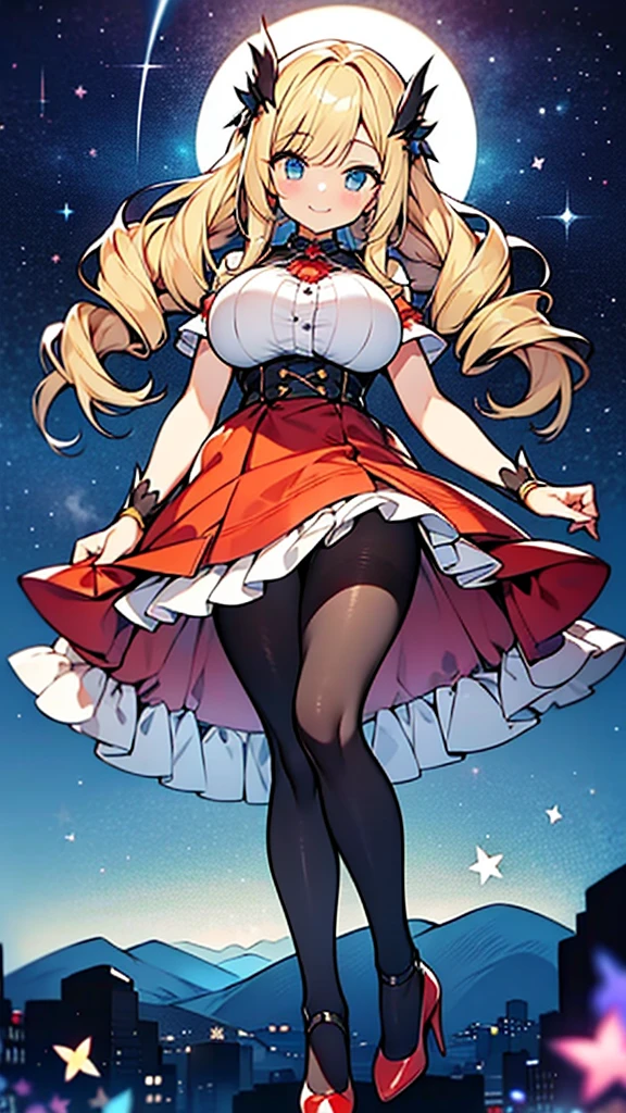 Amazing volume of blonde hair、Long drill hair、Big Breasts、Red evening dresini skirt、Dark black pantyhose、Red High Heels、Holding a fan 、smile, hyper cute girl,starry night sky,