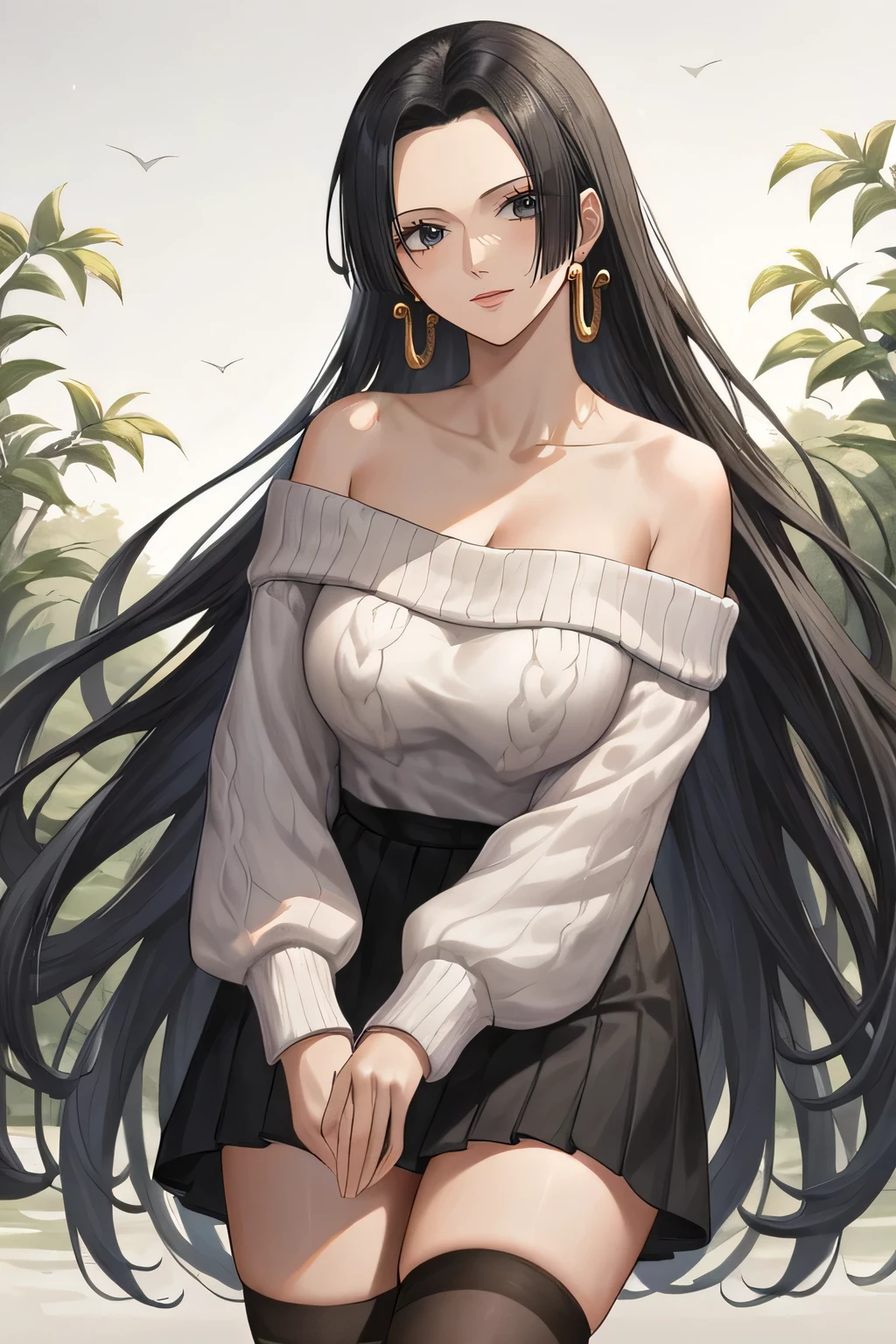 source_anime,score_9,score_8_up, score_7_up, 1girl,solo,outdoors,one piece, mature woman, boa hancock, long hair, very long hair, black hair, shinny hair, sweater, loose sweater, bare shoulders, collarbone, skirt, parted Skirt, black skirt, stockings,