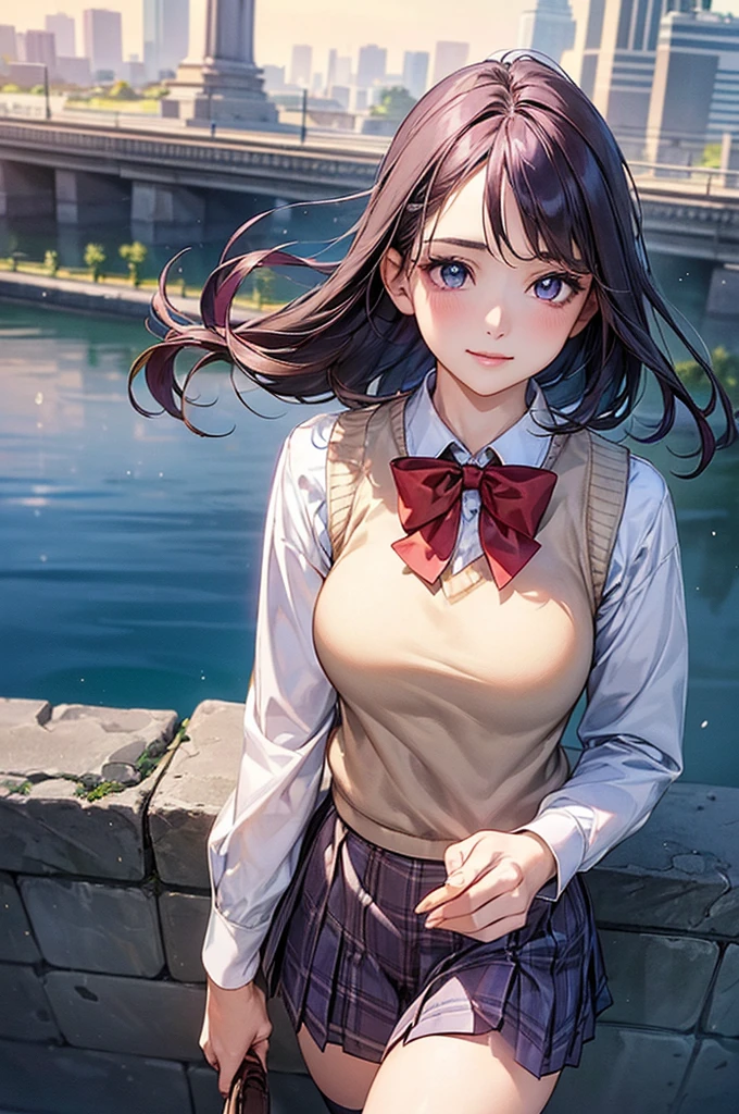 (masterpiece:1.2, Highest quality), (Realistic, photoRealistic:1.4), Beautiful illustrations, (Natural Side Lighting, Cinema Lighting), View your viewers, Cowboy Shot, Front view:0.6, 1 girl, Japanese, high school girl, Perfect Face, Cute and symmetrical face, Glowing Skin, (Mid-length hair:1.5, short hair:1.4, Purple Hair), Parted bangs, Light blue eyes, Long eyelashes, (Large Breasts:0.9, Thick thighs), Beautiful Hair, Beautiful Face, Beautiful attention to detail, Beautiful clavicle, Beautiful body, Beautiful breasts, Beautiful thighs, Beautiful feet, Beautiful fingers, ((Light blue long sleeve collared shirt, Blue checked pleated mini skirt, socks, Brown Loafers, Red bow tie, Beige sleeveless knit vest)), Pink Panties, (Beautiful views), evening, River side, walk, Place your hand on your chest, (Cute smile, Upward glance),