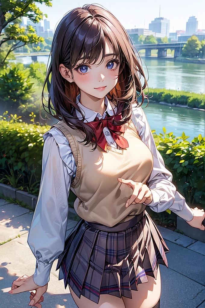 (masterpiece:1.2, Highest quality), (Realistic, photoRealistic:1.4), Beautiful illustrations, (Natural Side Lighting, Cinema Lighting), View your viewers, Cowboy Shot, Front view:0.6, 1 girl, Japanese, high school girl, Perfect Face, Cute and symmetrical face, Glowing Skin, (Mid-length hair:1.5, short hair:1.4, Purple Hair), Parted bangs, Light blue eyes, Long eyelashes, (Large Breasts:0.9, Thick thighs), Beautiful Hair, Beautiful Face, Beautiful attention to detail, Beautiful clavicle, Beautiful body, Beautiful breasts, Beautiful thighs, Beautiful feet, Beautiful fingers, ((Light blue long sleeve collared shirt, Blue checked pleated mini skirt, socks, Brown Loafers, Red bow tie, Beige sleeveless knit vest)), Pink Panties, (Beautiful views), evening, River side, walk, Place your hand on your chest, (Cute smile, Upward glance),