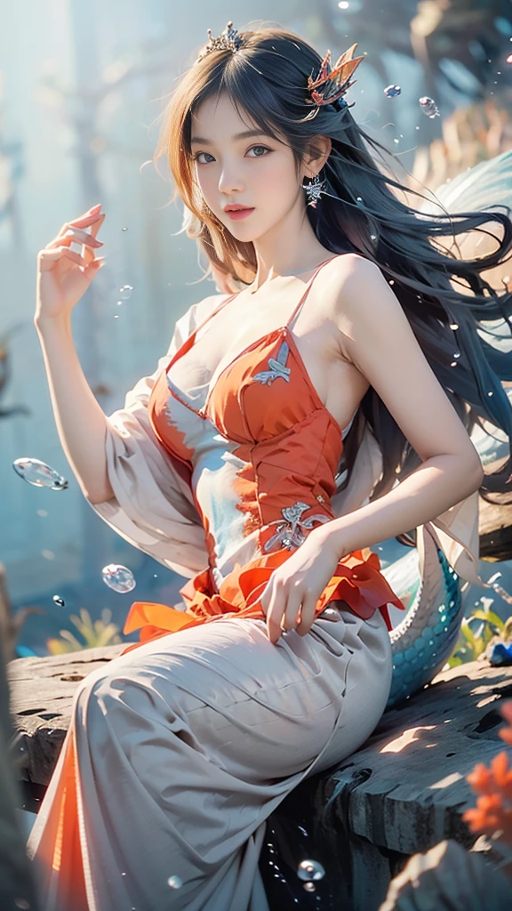 (best quality,ultra-detailed,photorealistic),blue water,sparkling scales, flowy hair, underwater world, colorful coral reefs, ethereal lighting, dreamy atmosphere, fantasy theme, mystical creatures, magical powers, enchanting melodies, mesmerizing beauty, graceful movements, captivating expressions, surreal landscape, peaceful serenity, magical mermaid tails, elegant tiaras, long flowing dresses.