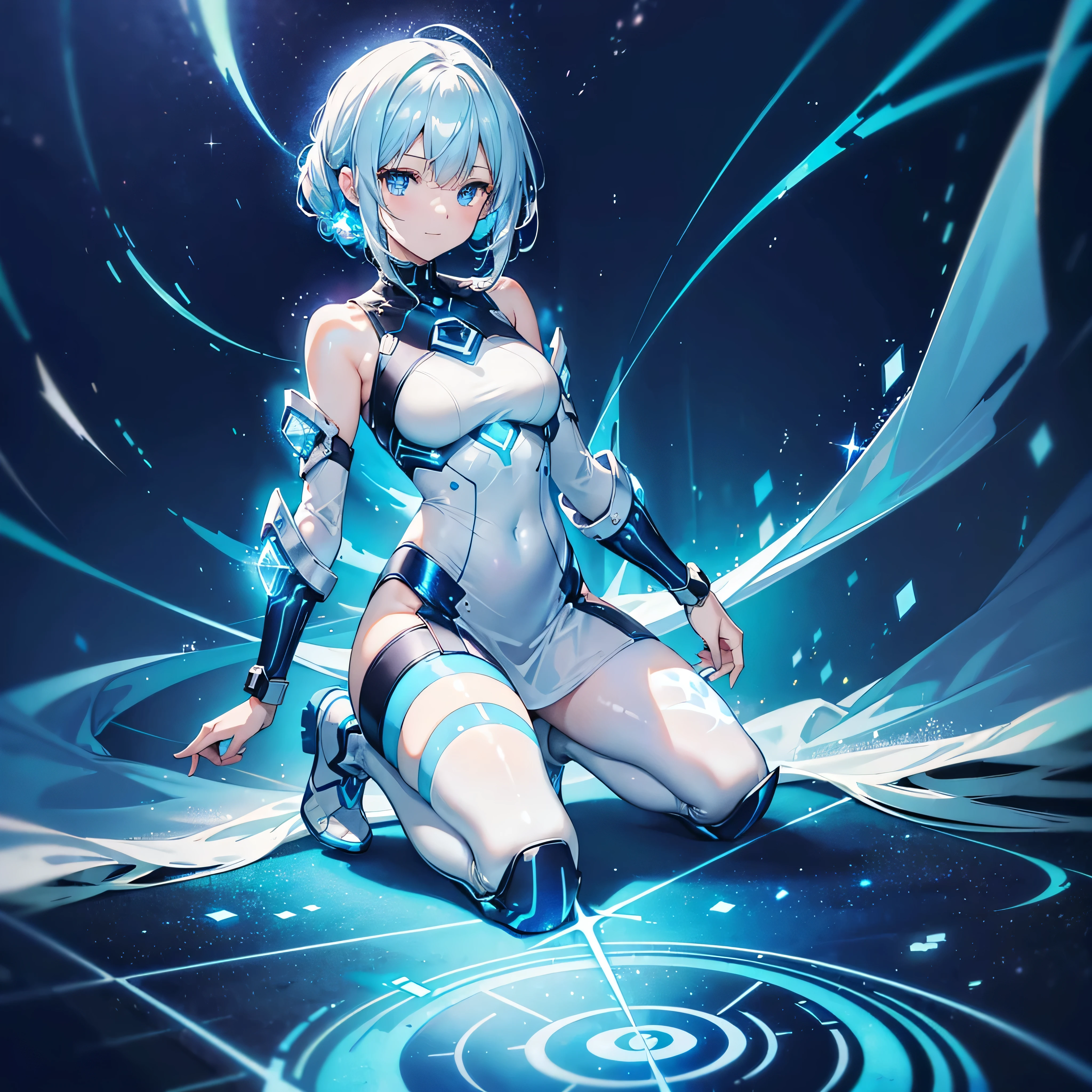 ((Holographic glow effect)),8k, Highest quality, (real:1.4), Original photo, 1 girl, Asari Hair, Biological Amplifier, Very sleek and futuristic armor, posture: Peace talks between warring factions,,attention arousal, smart blue eyes,A modest smile,Knee-high boots,Patent-look blue tights,Blue big moon and blue light swirl in the background,Blue light from behind,blue light magic,A small, glowing blue ball in the palm of your hand,Blue flame swirl,Blue Comet,Polished floor,