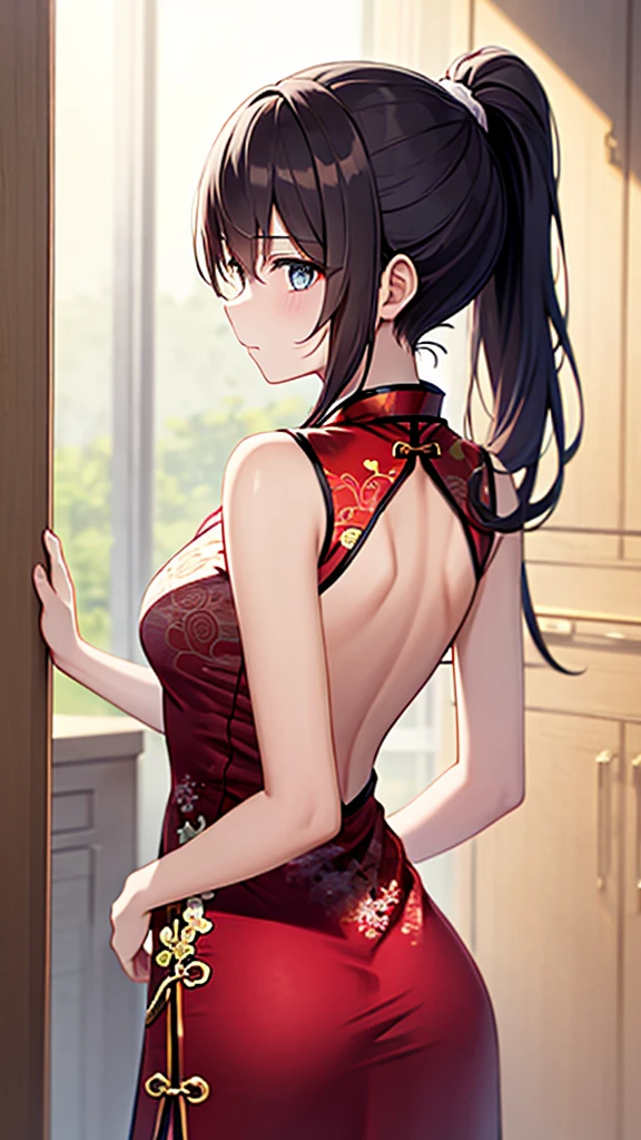 (((Masterpiece))),(((Best quality))),((Super detailed)),(illustration),Mature teenage girl,Black hair and blue eyes girl,A calm expression,Eyes looking elsewhere,(With your back to the audience),Wearing red cheongsam,Just took off a coat,A long ponytail,((The girl is tying her ponytail with both hands raised)),((Wearing red cheongsam)),Stand in front of the wardrobe