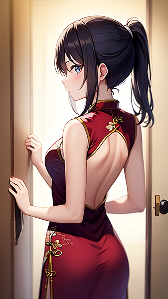 (((Masterpiece))),(((Best quality))),((Super detailed)),(illustration),Mature age girl,Black hair and blue eyes girl,A calm expression,Eyes looking elsewhere,(With your back to the audience),Wearing red cheongsam,Just took off a coat,A long ponytail,((The girl is tying her ponytail with both hands raised)),((Wearing red cheongsam)),Stand in front of the wardrobe