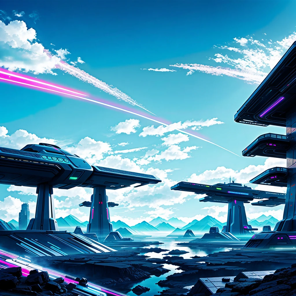 Anime neon futuristic Sci-fi cyber landscape clear skies