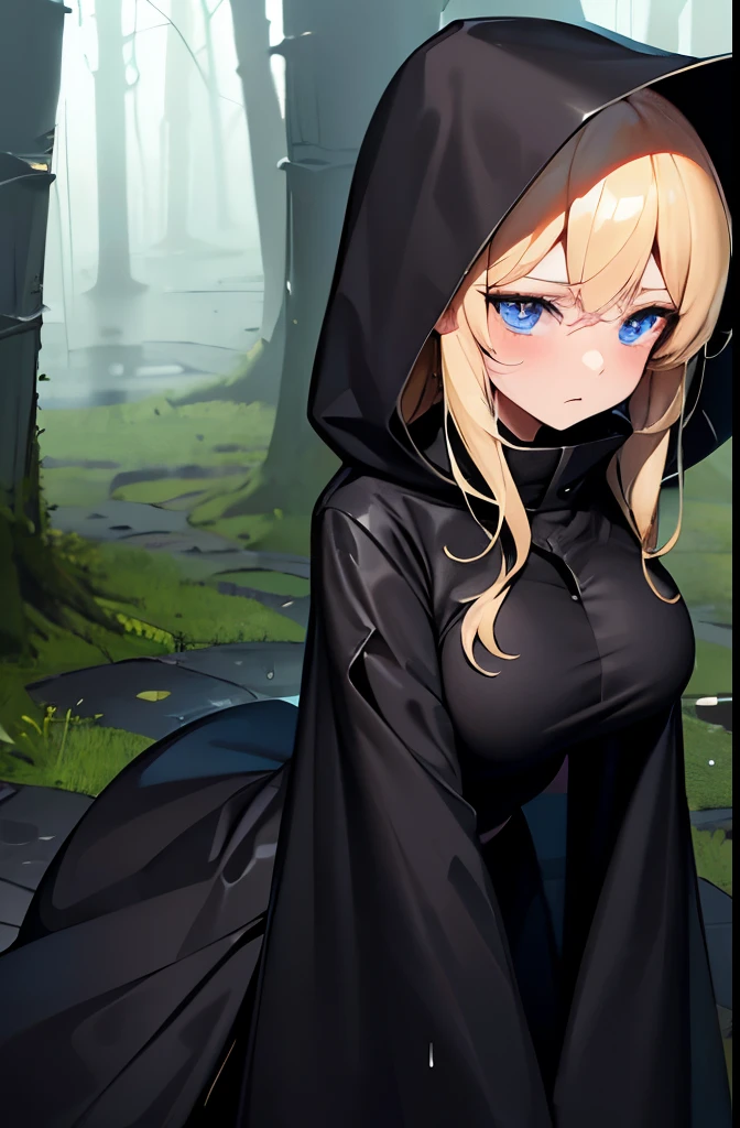 blonde,He is wearing a long black raincoat over a tight black suit.,Put on the hood,blue eyes,Large Breasts,thin,Serious face,blush,rain,forest,night,Downward,Gloomy face,Trying to take off,Full body view