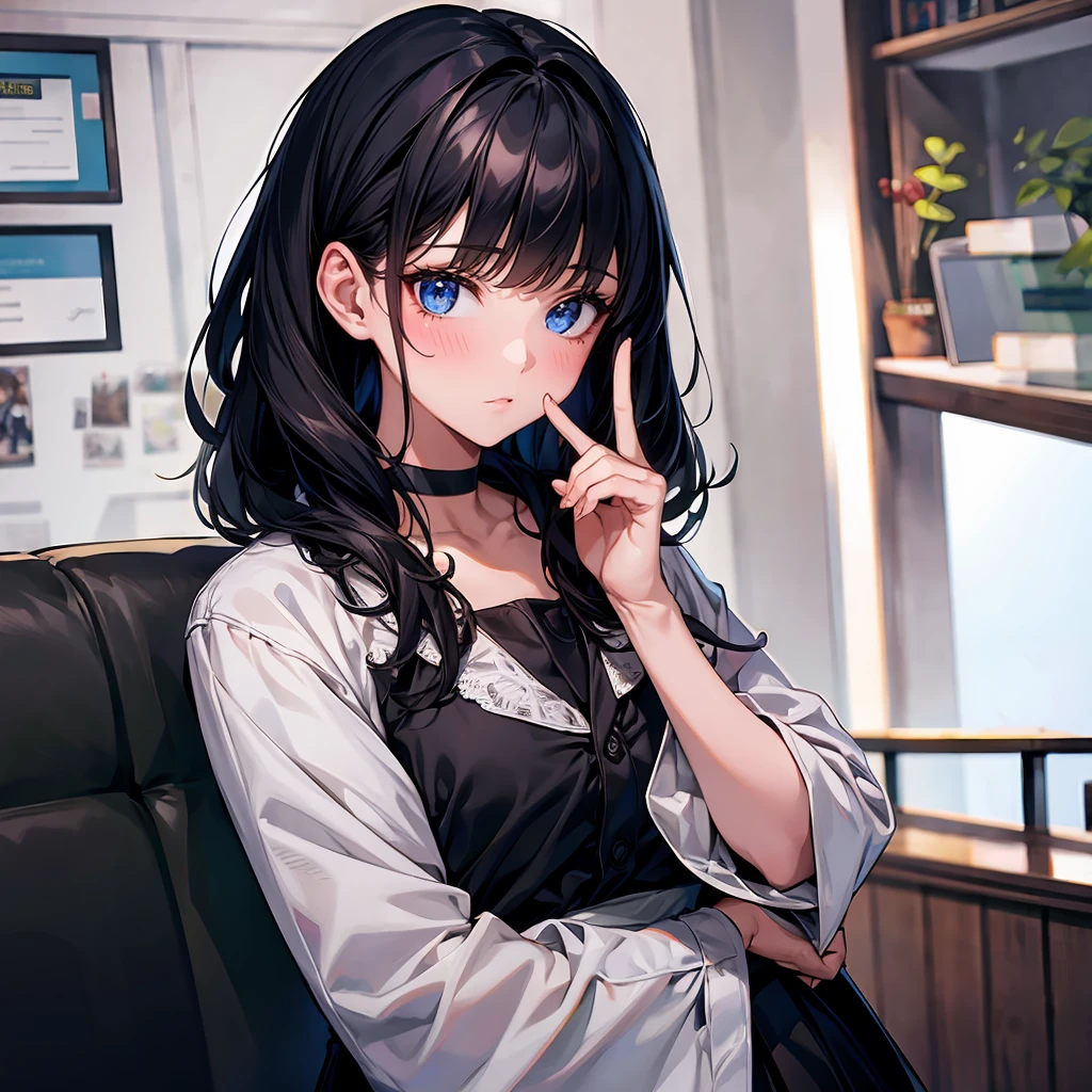 (high quality, 8k, 4K, High Contrast, masterpiece:1.2, 最high quality, Best aesthetics), 1 Female, (Real skin texture:1.3), (Film Grain:1.3), (Selfie angle, High angle), One girl, Beautiful and detailed eyes and face, 最high quality, close, cowboy shot blackshorthair ,  disposable mask black hair Blue inner hair Whiteshirt darkBlue skirt White shirt choker