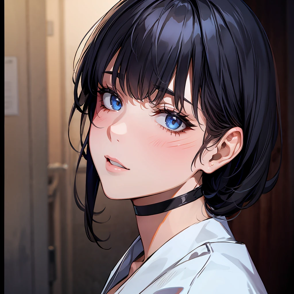 (high quality, 8k, 4K, High Contrast, masterpiece:1.2, 最high quality, Best aesthetics), 1 Female, (Real skin texture:1.3), (Film Grain:1.3), (Selfie angle, High angle), One girl, Beautiful and detailed eyes and face, 最high quality, close, cowboy shot blackshorthair ,  disposable mask black hair Blue inner hair Whiteshirt darkBlue skirt White shirt choker