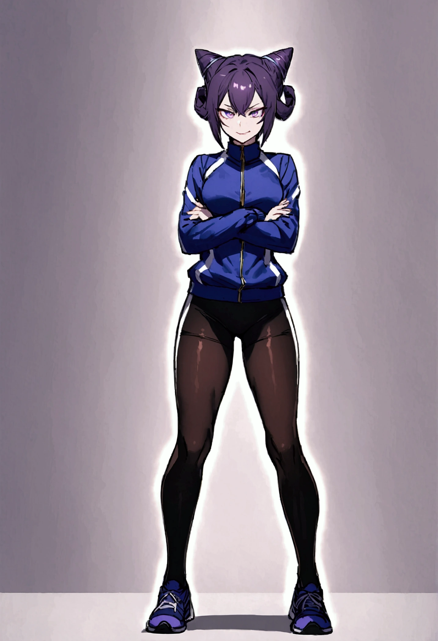 beautiful young fitness woman with , in a gym wearing May with black pantyhose, white and purple fitted gym jacket. standing alone,hair horns,bright purple eyes,Evil smile,legging preto aura roxa,arms crossed eye shadow,whole body,labiaa