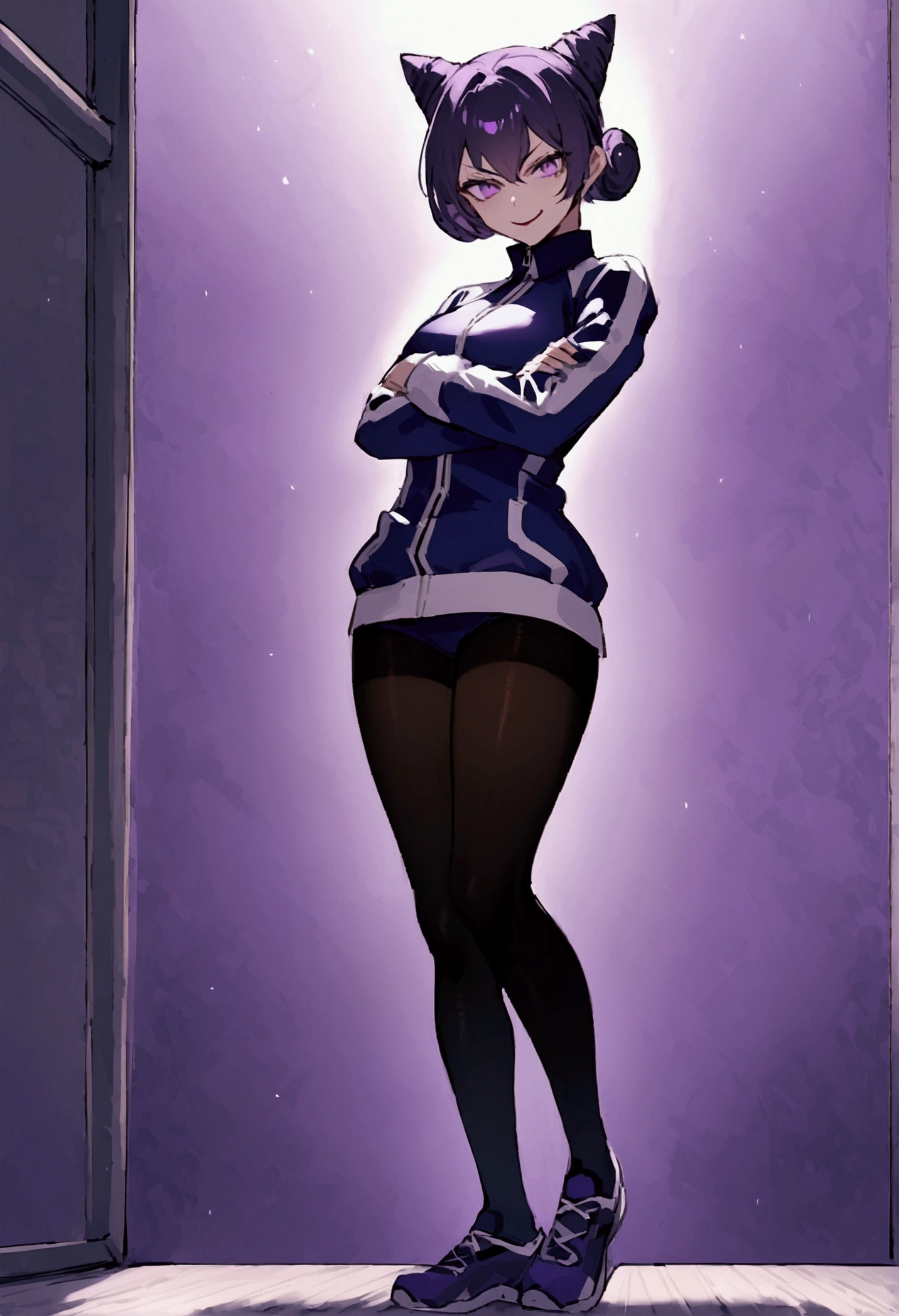 beautiful young fitness woman with , in a gym wearing May with black pantyhose, white and purple fitted gym jacket. standing alone,hair horns,bright purple eyes,Evil smile,legging preto aura roxa,arms crossed eye shadow,whole body,labiaa
