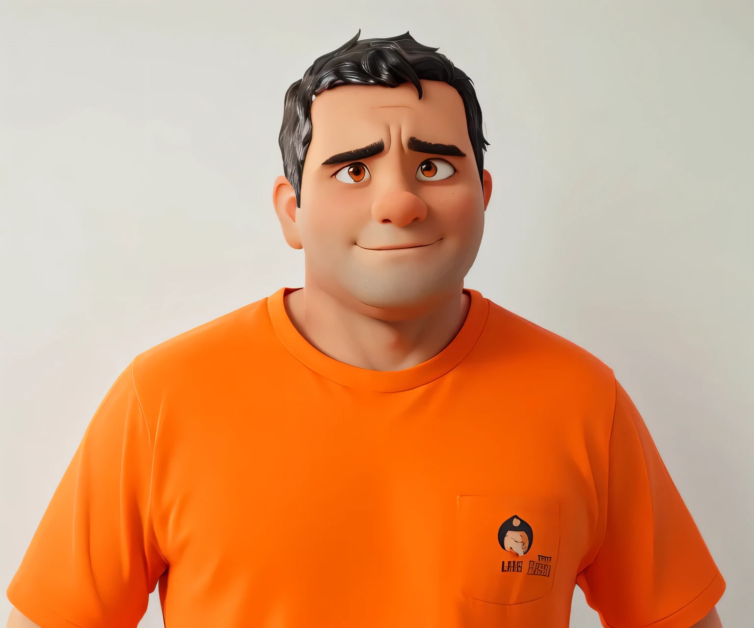 naughty man, Bblack hair, eyes black, looking directly at the camera, orange shirt. 