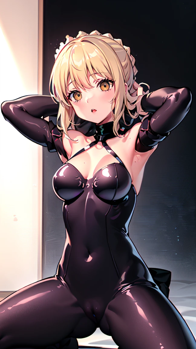 1 girl,Browsing Caution,Artoria Pendragon ,(destiny\), clavicle, Glowing red eyes,Absurd, Hollow Eyes,Hollow Eyes,  Huge breasts,Emotional erasure, Expressionless,(Black latex tight bodysuit),((avert your eyes)) , 背面shape, ((Squat,Spread your legs, Put your arms behind your head,Underbutt)), (Highest quality、4K、8k、High resolution、Must have:1.2)、Very detailed、(reality、reality的、reality的:1.37)、Ticker、Hyper HD、Studio Lighting、Ultra High Definition Paint、Sharp focus、Physically Based Rendering、Extreme Detail、Professional specifications、Vibrancy and color、Blurred、Sports portrait、landscape、Horror Style、Anime Big Tits、sf、photograph、Concept Artist、Five Fingers, Perfect body,  {{{masterpiece}}}, {{{Highest quality}}}, {{Very detailed}}, {shape}, {{Very delicate and beautiful}},Promoting cost performance、All Roles、Canon 5D MK4でphotograph、photograph, 